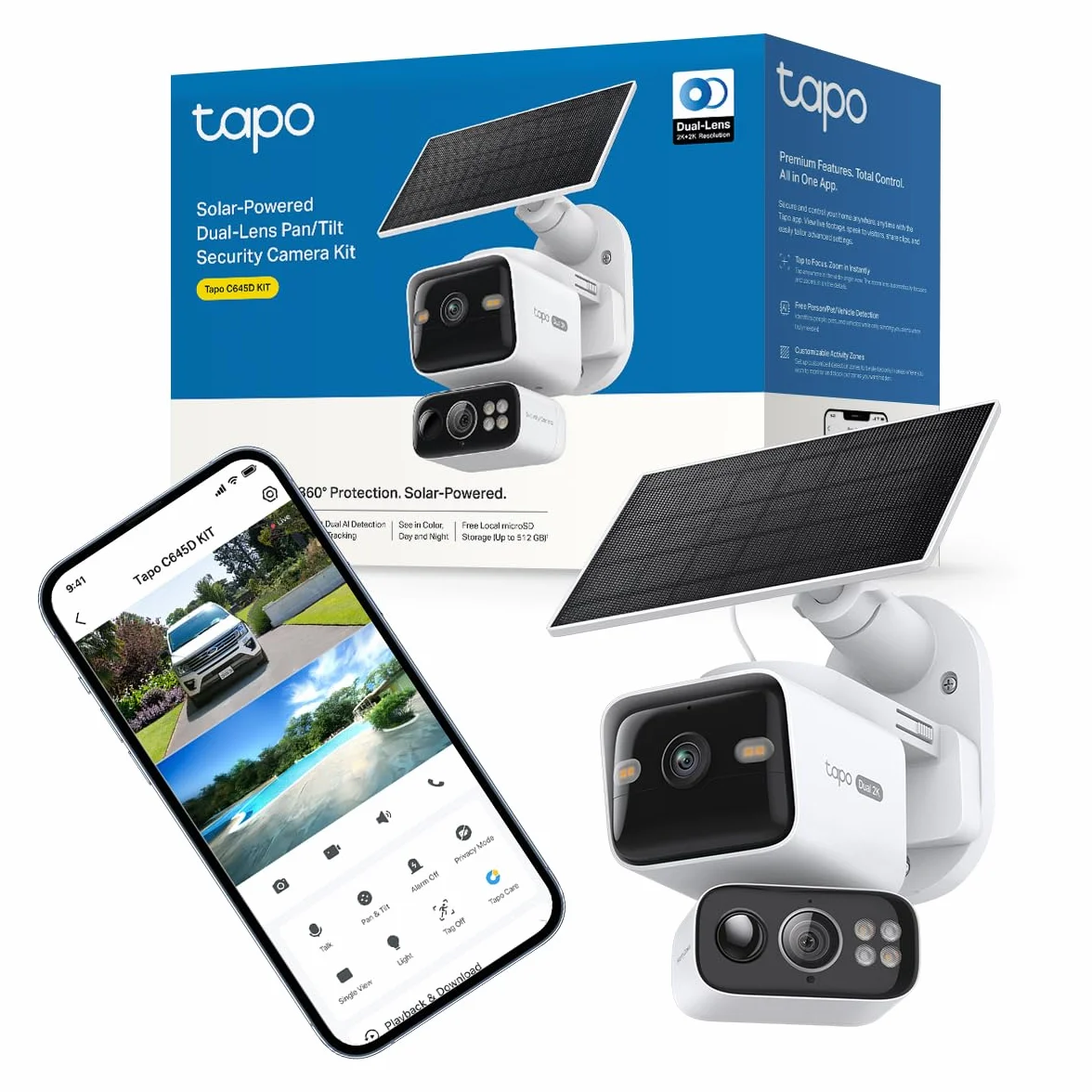 Tapo C645D KIT Caméra Extérieur sans Fil Solaire 2K Double Objectif – Caméra Surveillance WiFi Extérieure sans Fil 360°, Détection IA Personne/Véhicule/Animal, Suivi Automatique, Batterie 10000mAh