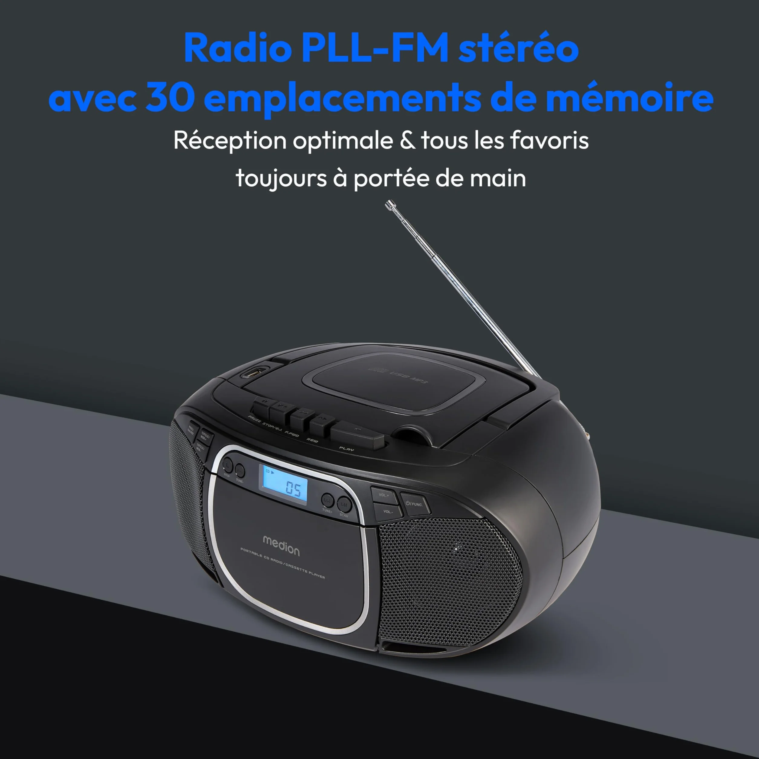 MEDION E66476 Stereo Sound System Boombox CD MP3 Cassette Radio FM AUX Noir