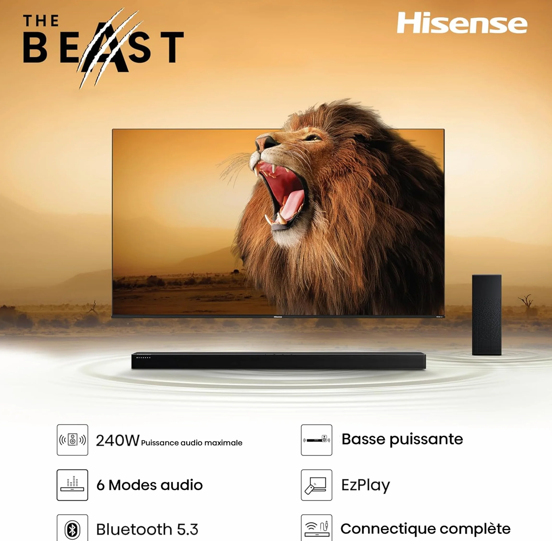 Hisense Barre de Son 2.1 CH 240W H210 DTS Virtual X Caisson de Basse sans Fil HDMI Arc Bluetooth Noir