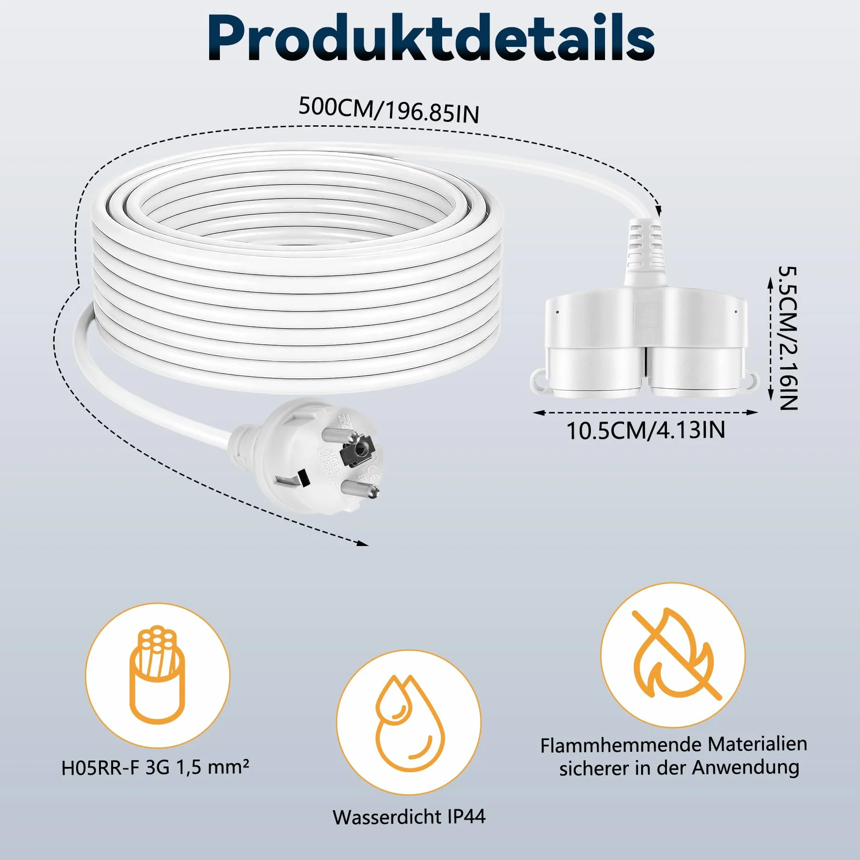 Rallonge électrique IP44 3500W 16A 250V 5m Blanc avec Prises et Couvercles Anti-poussière