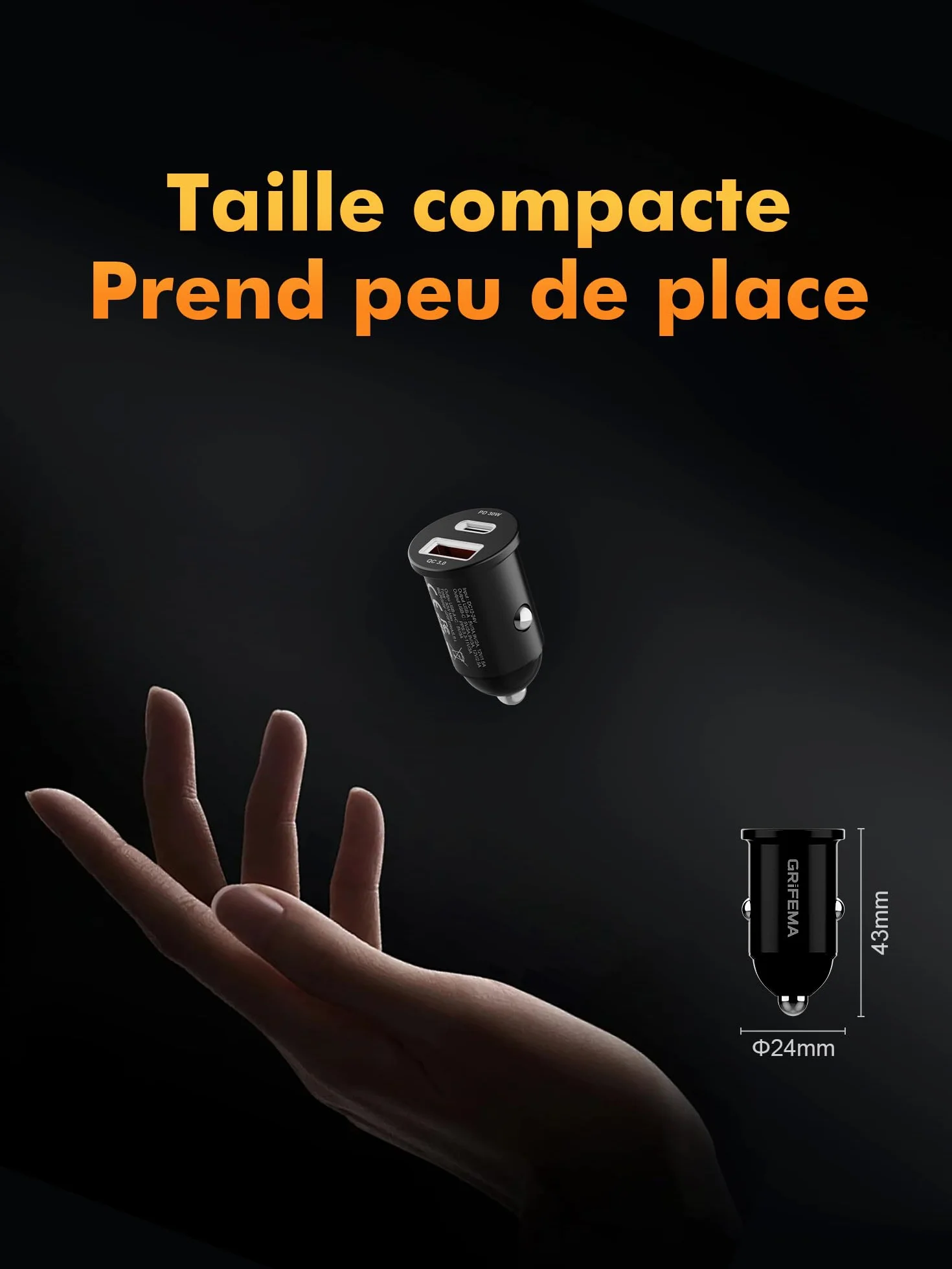 GRIFEMA Chargeur Allume Cigare USB C 30W, Chargeur Voiture Rapide Double Port avec USB-C PD 30W et USB-A QC 3.0 18W, Prise Allume Cigare 12V pour iPhone 16 15 14, Samsung, iPad–Boîtier en Aluminium