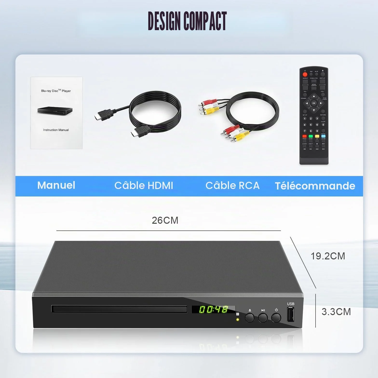 Lecteur Blu-Ray pour Téléviseur (Région 2), Compact Lecteur CD DVD Multizone avec Sortie Coaxiale AV HDMI Entrée USB, Prise en Charge clé USB, Lecture des Disques Blu-Ray de la Région 2