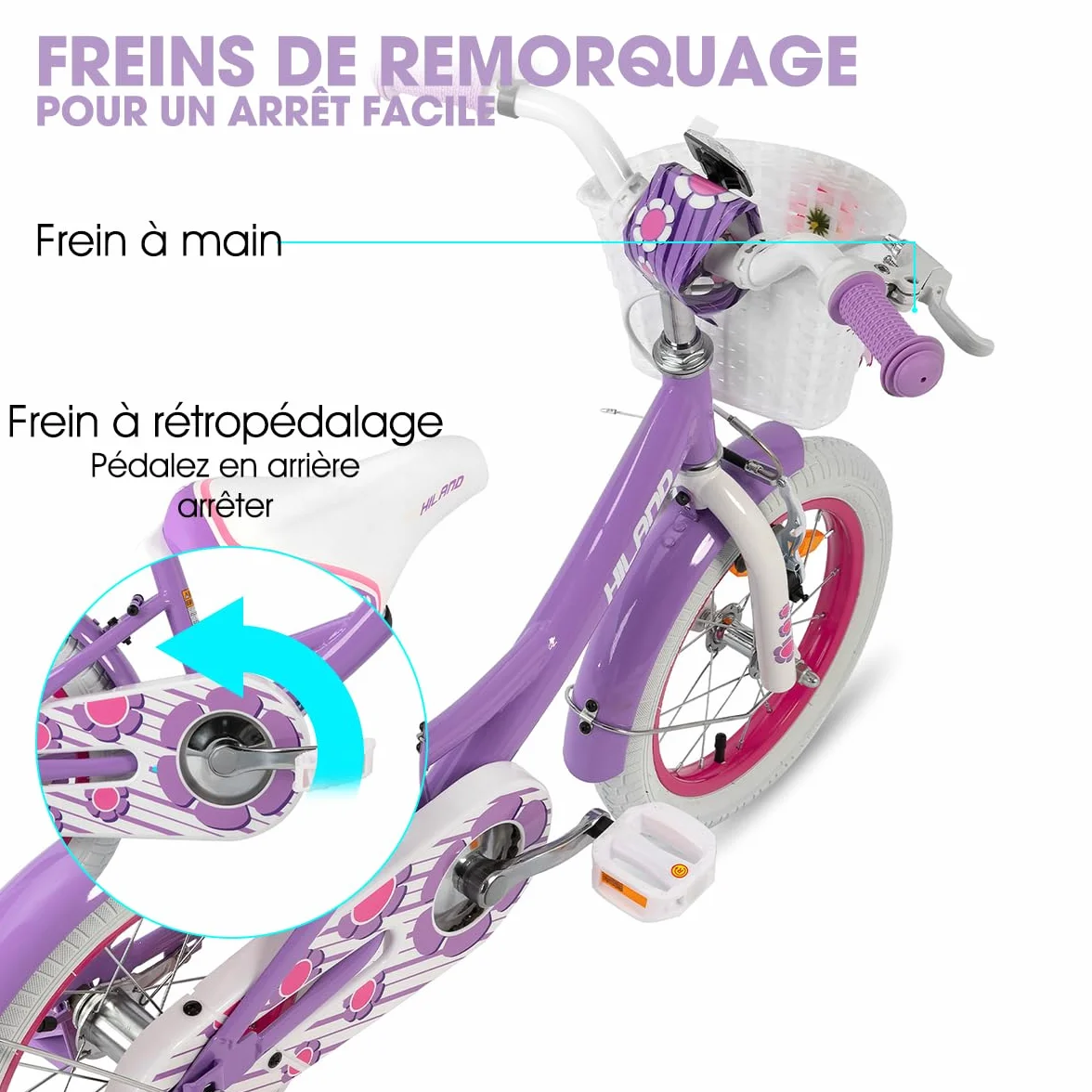 HILAND Vélo Fille 12 14 16 Pouces avec Roues Stabilisatrices et Panier, Frein à Main et Rétropédalage, Rose Violet Blanc