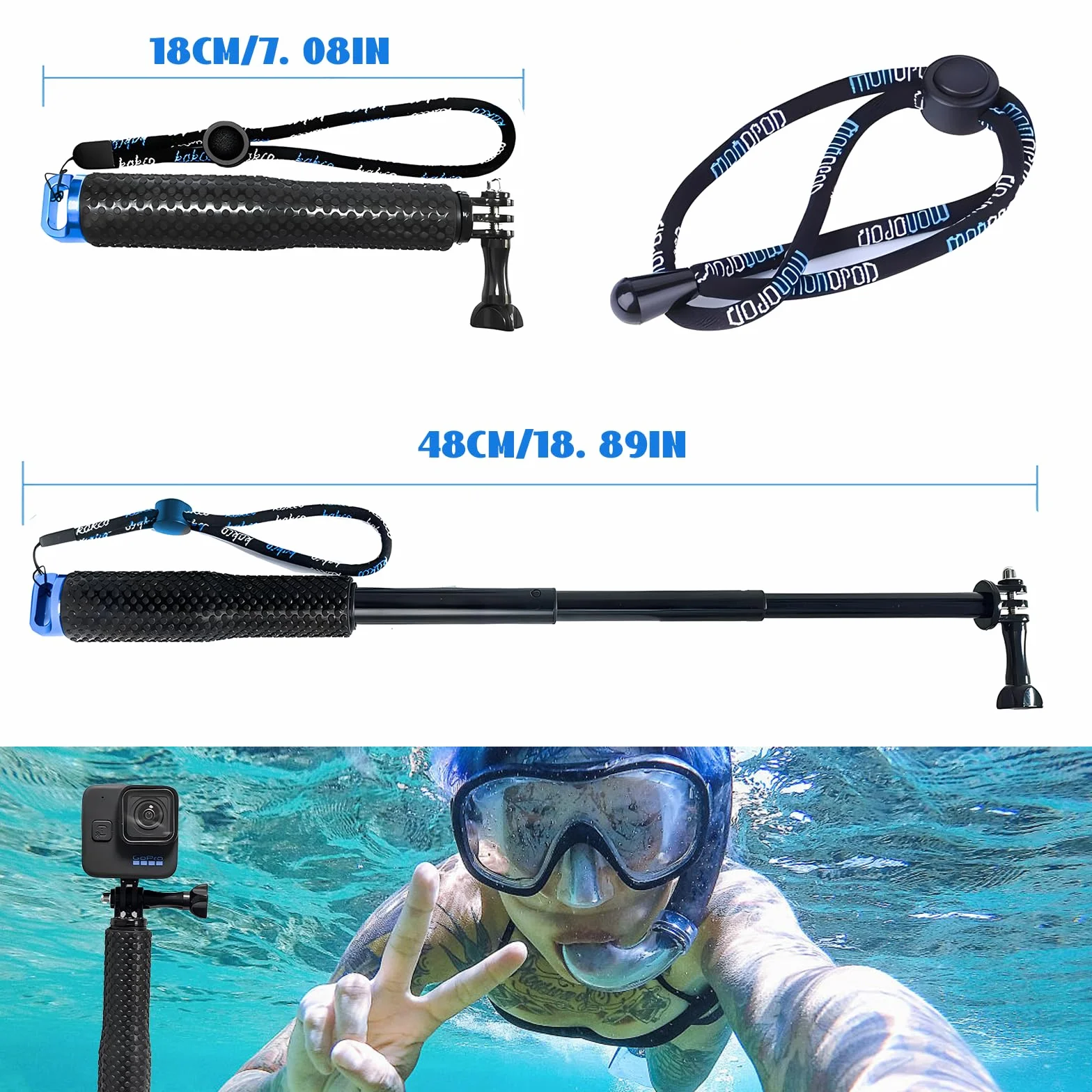 19-49 cm Stick Selfie étanche, Telescopic Pole, Bâton de Selfie étanche en Aluminium Caoutchouté Extensible, Adapté pour GoPro3 + / 4/3/2/5, 19 Pouces, pour plongée, l'escalade, Plein air, Surf