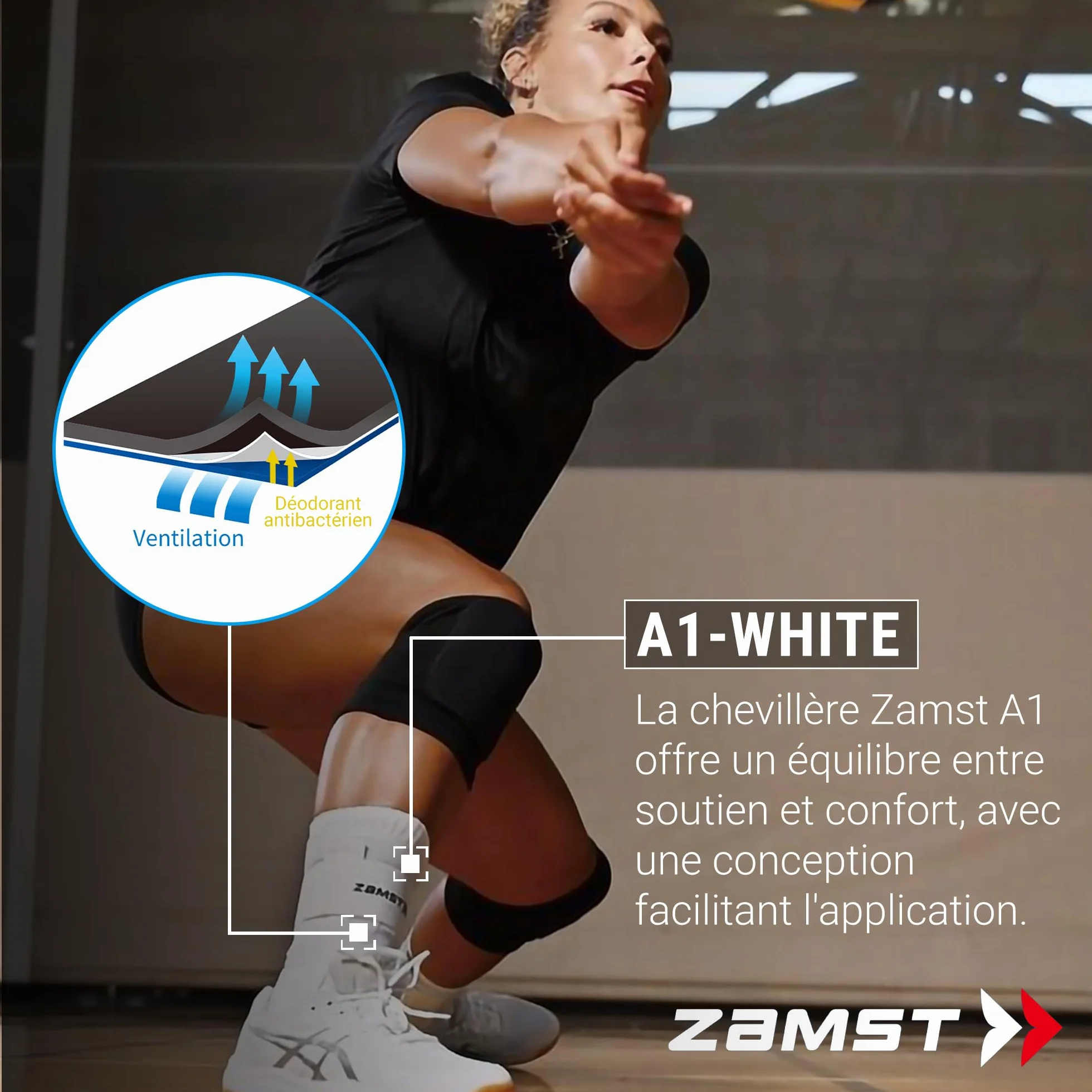 Zamst A1 Chevillère Blanche de Sport Support Respirant pour Hommes et Femmes avec Sangles Ajustables à Trois Bandes Pied Droit Taille M