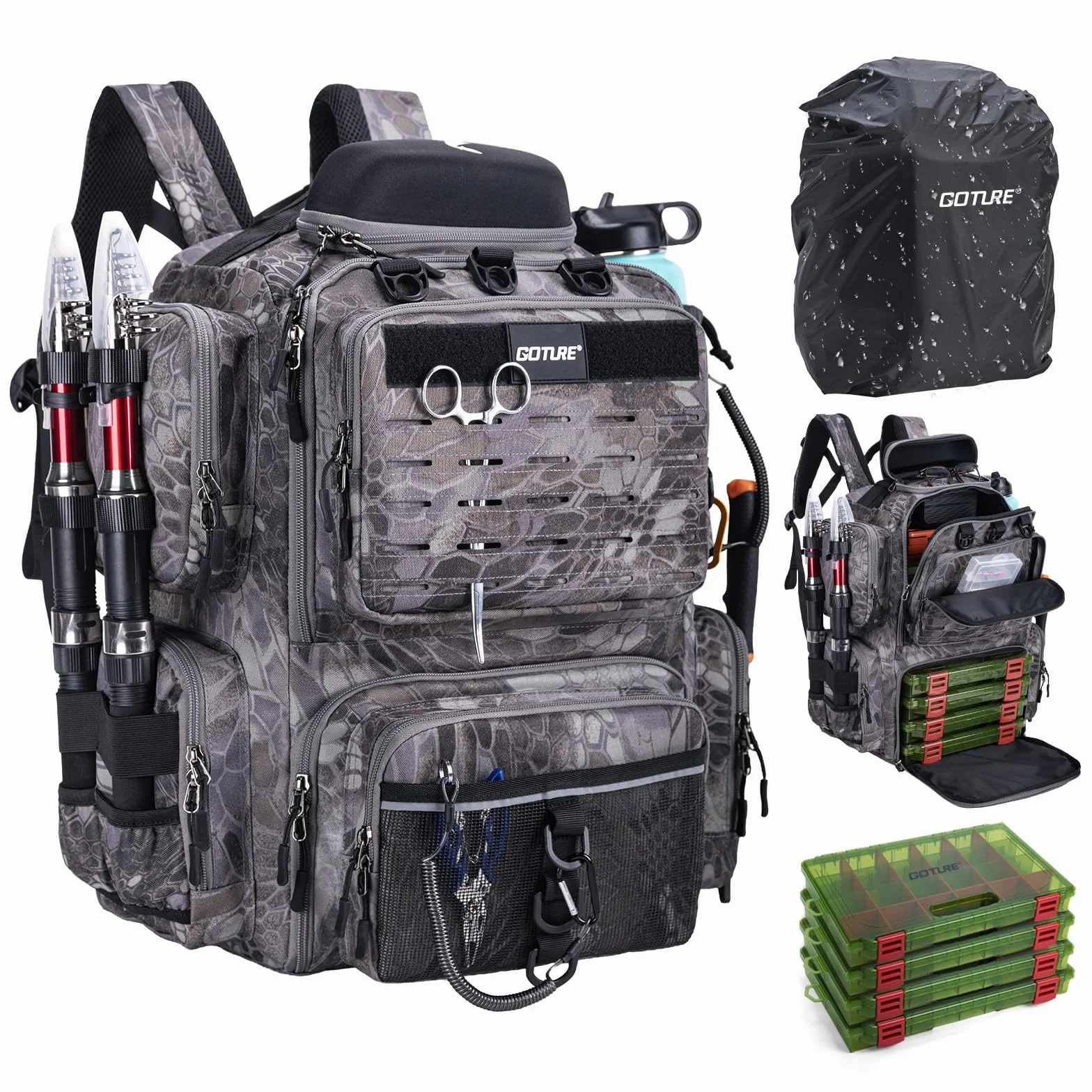 Goture Sac de pêche 45 L Tissu Oxford 900D Dos Souple résistant à l'eau avec Porte-Cannes et Housse de Pluie