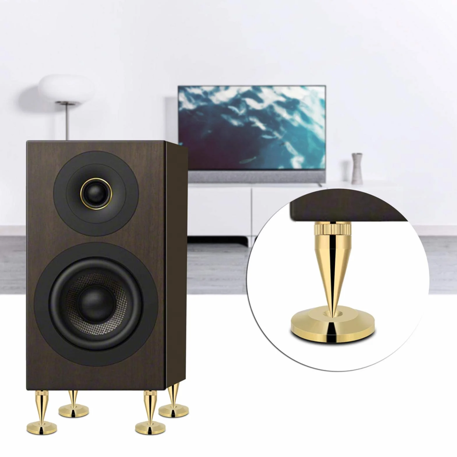 Ensemble de pointes de haut-parleur en cuivre, 8 paires 6 x 36MM CD Amplificateur Audio Plateau tournant Isolation Pied cône + Coussin de base Tapis de pieds antichoc pour amplificateur Haut-parleur É