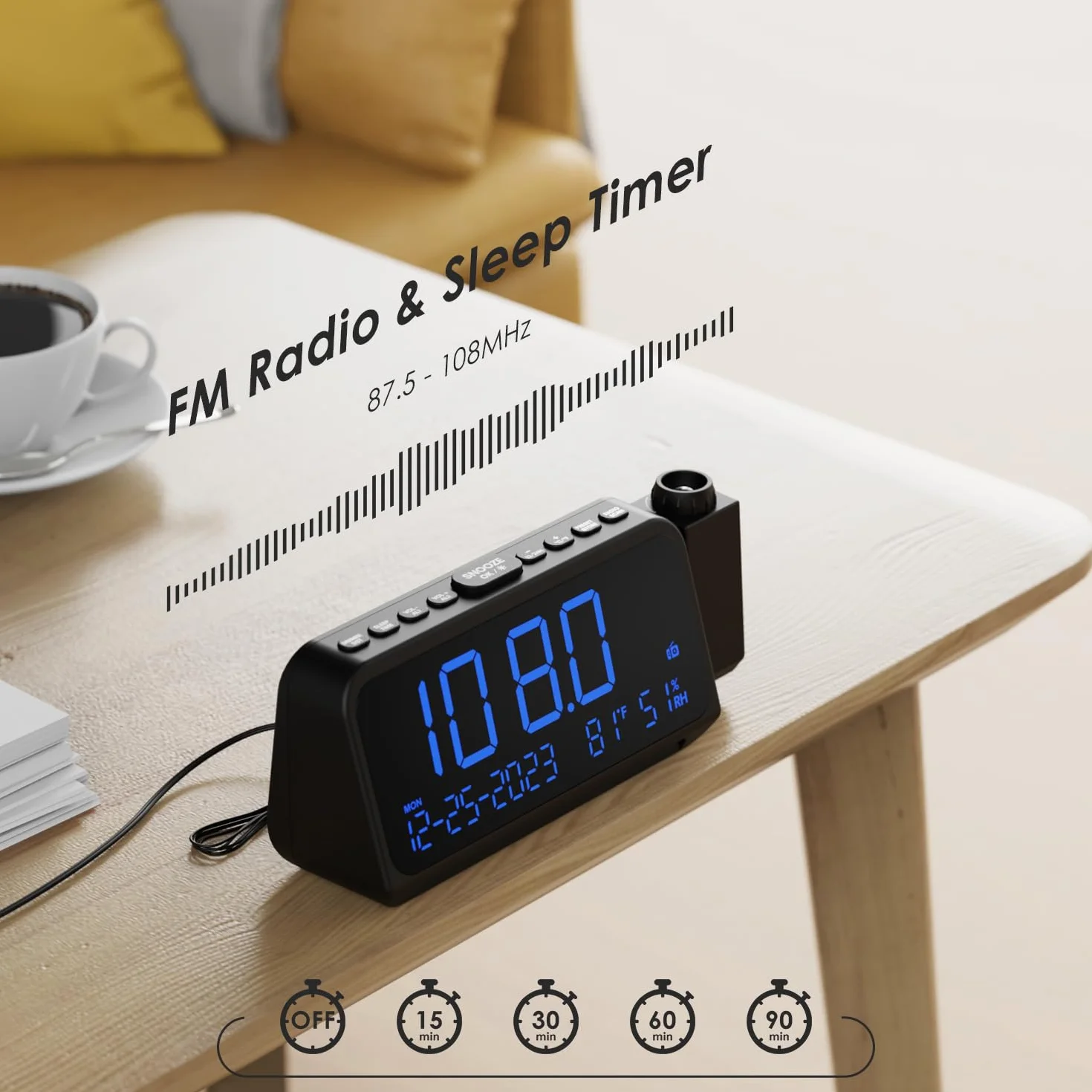 ROCAM Radio-Réveil Projection Plafond, Radio FM Numérique, Horloge Projecteur avec Charge USB & Type C, Réveil Limineux Enfant avec Mode Week-End/Jour de La Semaine, Date, Température, Veilleuse