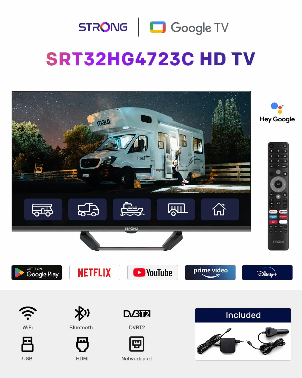 STRONG SRT32HG4723C 32" TV HD DVB-S2/C/T2 12V Camping-Car Cuisine Chambre Bateau 2 HDMI 1 USB Noir