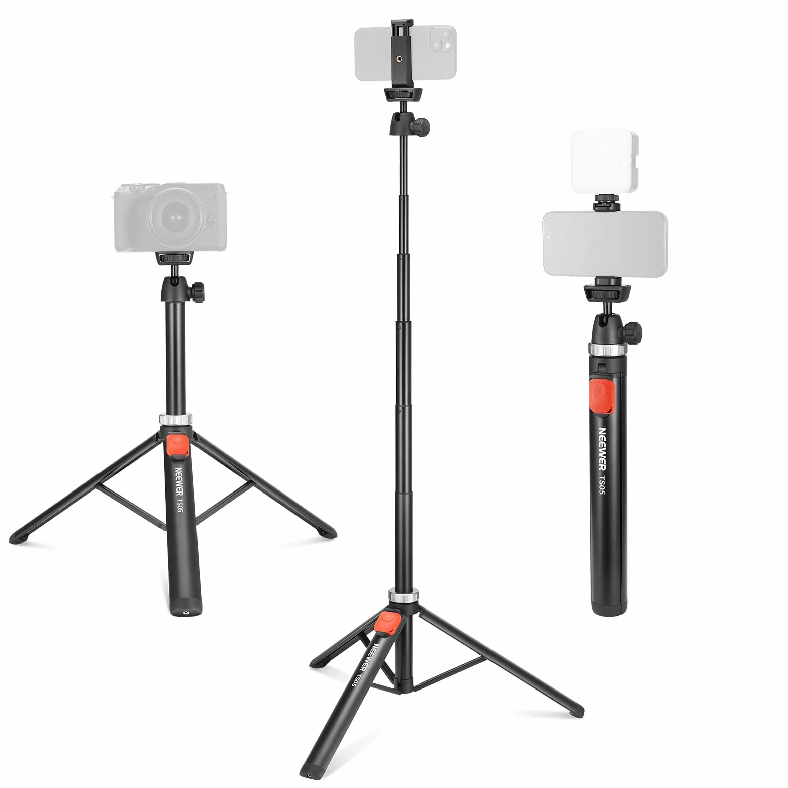 NEEWER Trépied Téléphone Portable & Appareil Photo avec Télécommande, 165,5cm Perche Selfie Métal Trépied Voyage Vlog pour iPhone avec Support Téléphone, pour Canon Sony GoPro, TS05