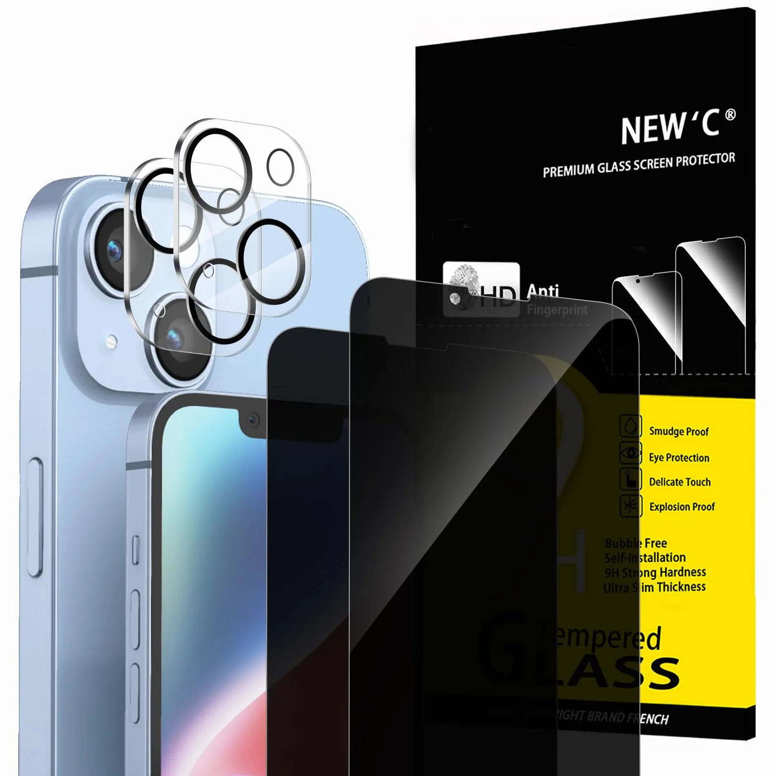 NEW'C Kit de 4, 2 x Verre Trempé Anti-Espion pour iPhone 14 (6,1 Pouces) et 2 x Protection Caméra Arrière - Ultra Résistant - Dureté 9H Glass- Angle de Confidentialité 28 Degrés Amélioré
