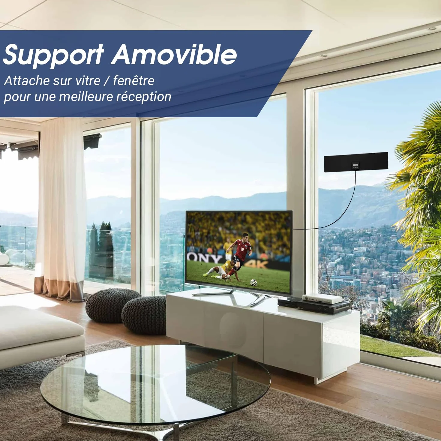 August DTA420 - Antenne TV Intérieur Puissante TNT HD – Haut Gain Extra Plate Discrète Attache Fenêtre Vitre Mural Autocollante Universelle Télévision Numérique - Noir