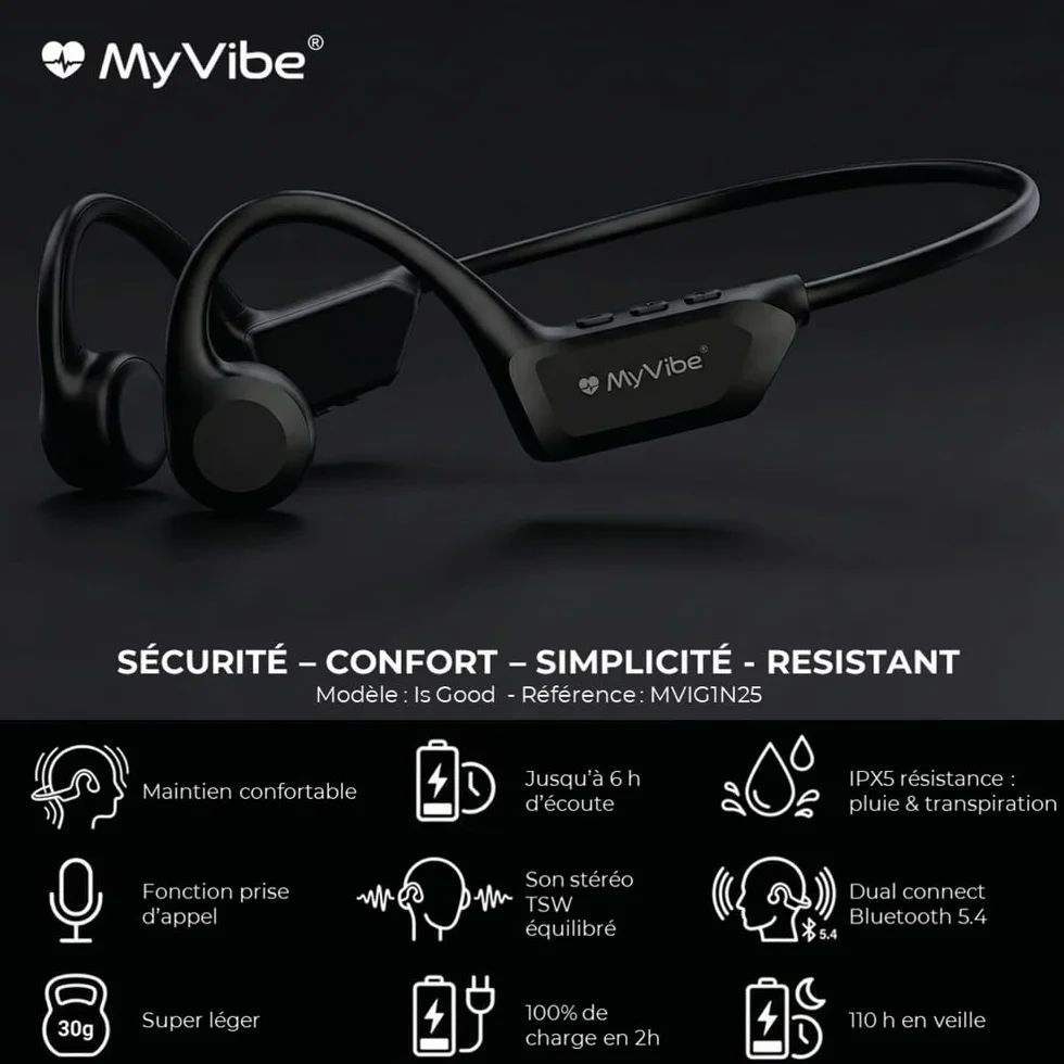 MYVIBE is Good Casque Conduction Osseuse Bluetooth 5.4 – Écouteur Conduction Osseuse Oreilles Ouvertes avec Micro, IPX5 Étanche – Ultra Léger 30g – Course à Pied, Cyclisme hors route, Randonnée, Sport