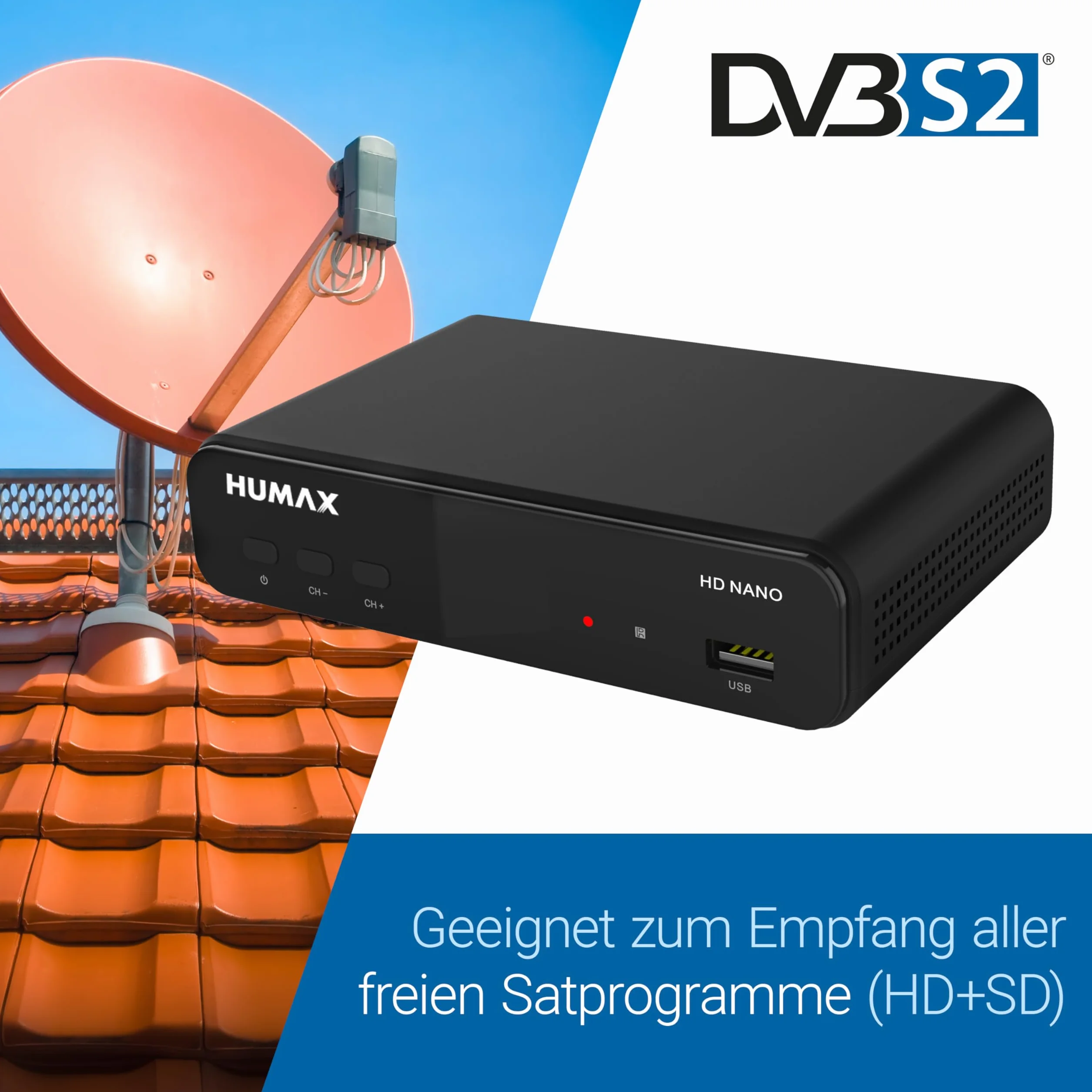 Humax Digital HD Nano Récepteur Satellite numérique HD 1080P HDTV avec Bloc d'alimentation 12 V Camping – Astra préinstallé – HDMI, péritel, DVB-S/S2, sans câble HDMI
