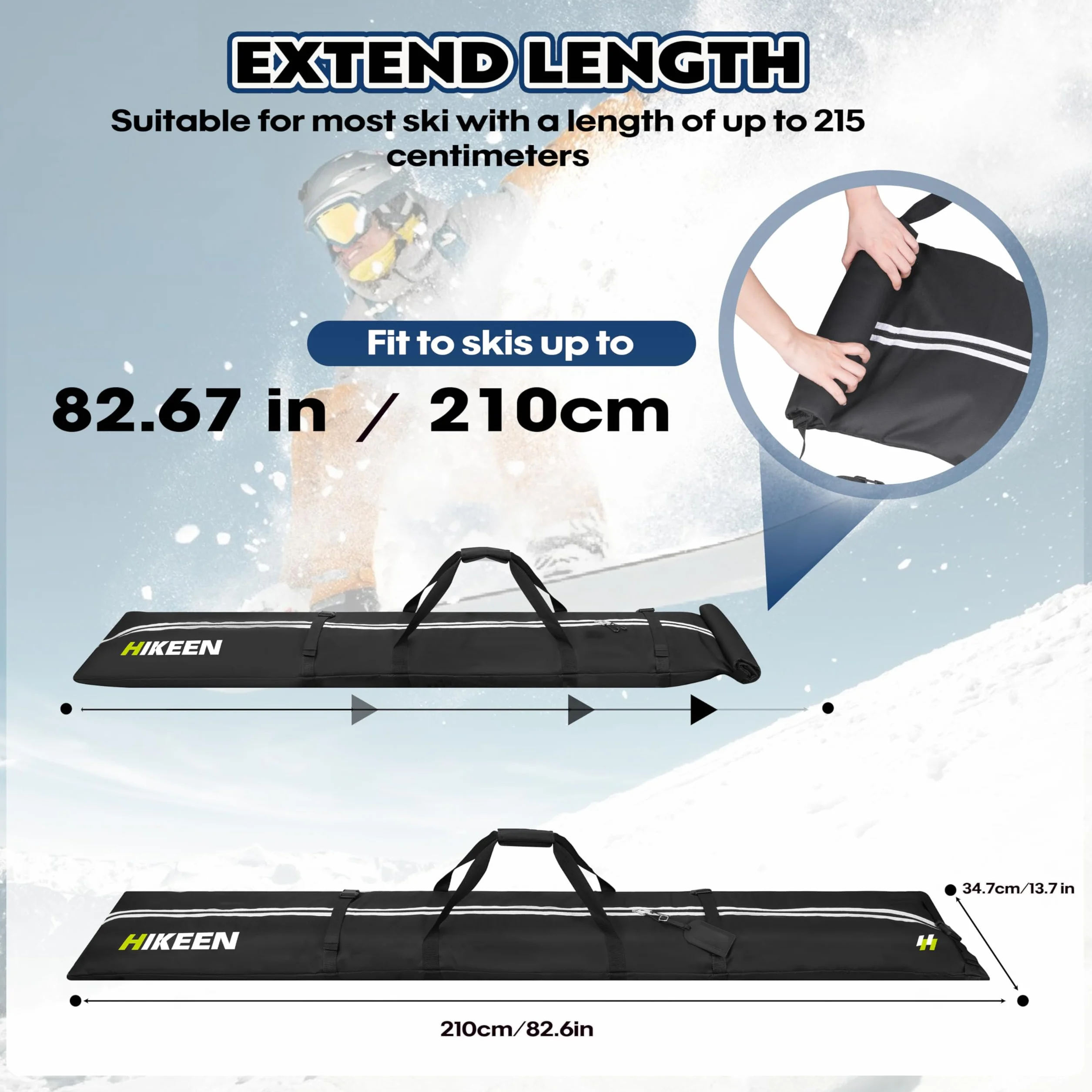 BOOSTEADY Sac de Ski pour 2 Paires de Skis, Housse pour 1 Snowboard avec Bandoulière Rembourrée, Longueur Réglable 210cm, Sac Imperméable