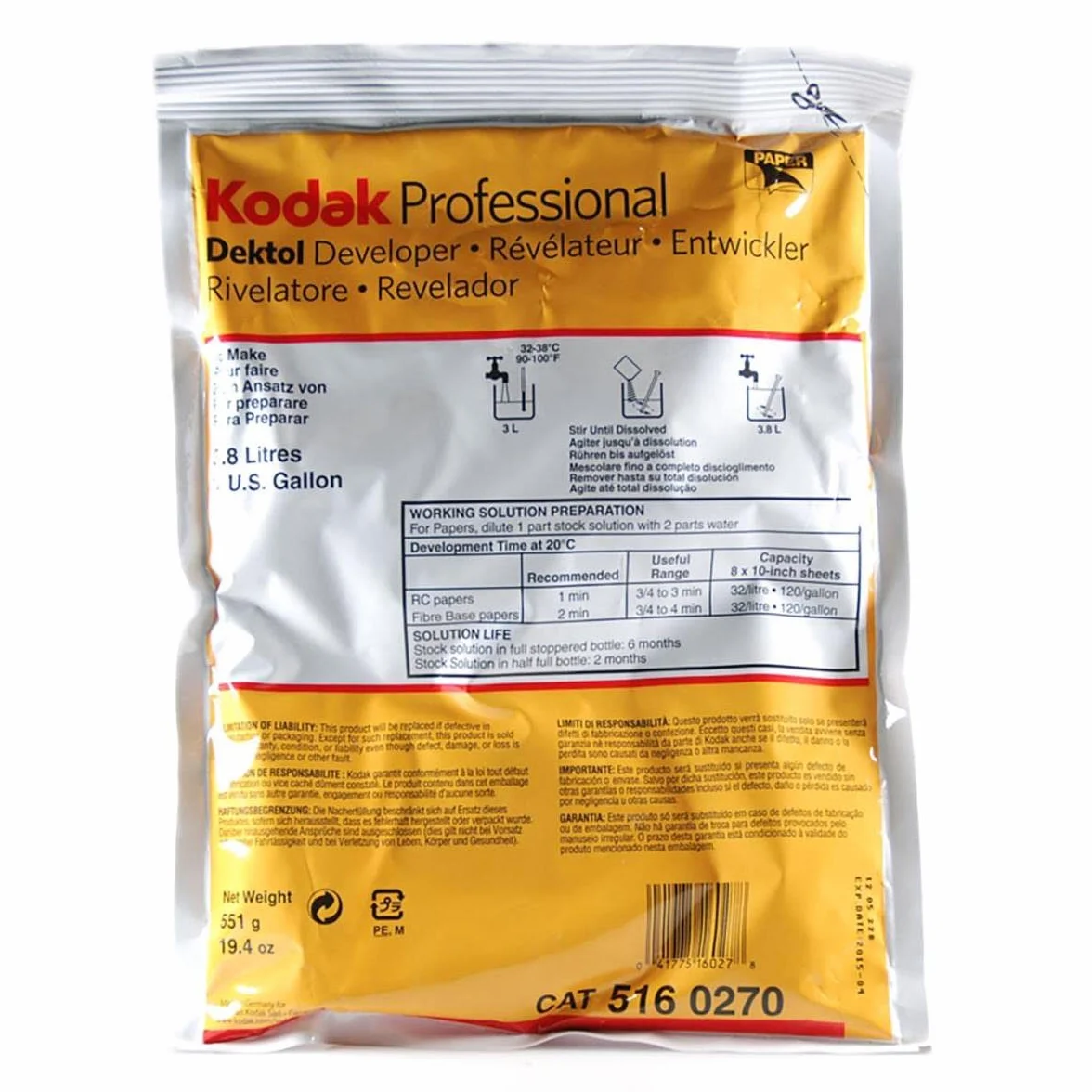 KODAK Dektol Black & White Paper Developer, poudre pour faire 3,8 l.