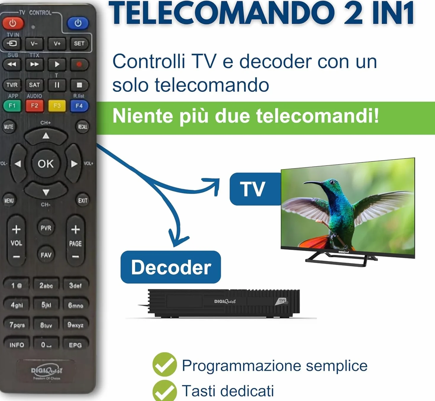 DIGIQUEST Décodeur Tivùsat Ti9, DVB-S2 | VOITURE INSTALLANTE | Double télécommande 2 en 1 dont une avec grandes touches | Carte intelligente Tivùsat incluse | HDR |Fonction d'enregistrement activable