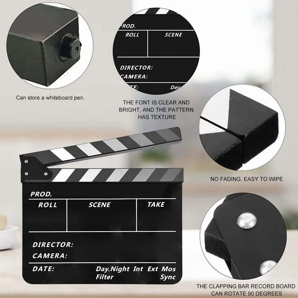Clap de Cinéma 30 x 25cm,Acrylique Film Clapper,avec effaceur magnétique,2 stylos,Clap Cinéma pour Tournage Film,Tournage Vidéo