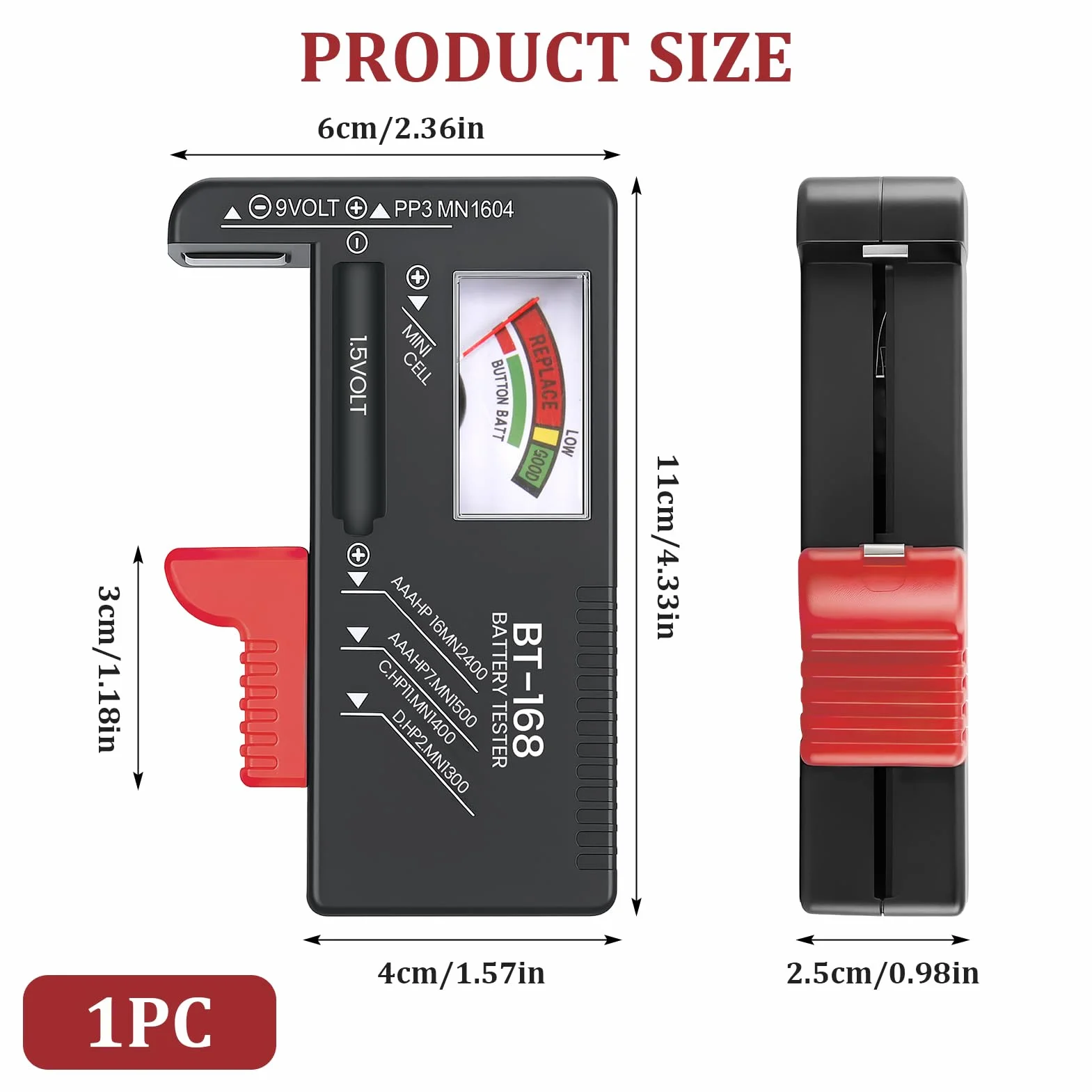 Testeur de Piles Universel, Testeur de Numérique Pointeur Piles pour AA AAA C D 9V 1.5V Batterie Bouton Vcontrôleur de Tension de Batterie Fonctionne Sans Pile Précis et Portable (Modèle: BT-168)