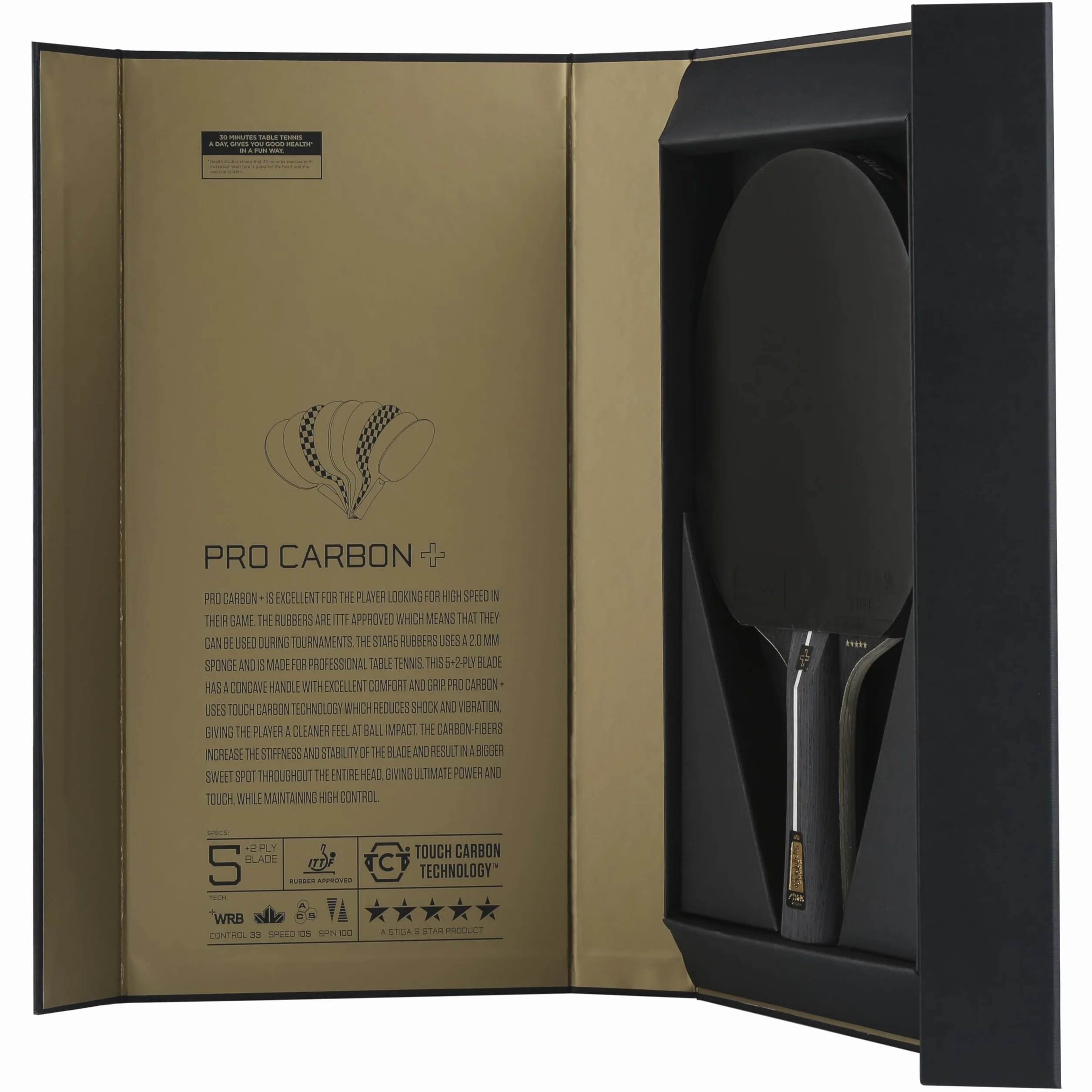 STIGA Raquette de Ping-Pong Pro Carbon +, Technologie Carbon Touch, Manche Concave, Revêtement Caoutchouc 5 Étoiles, ITTF Approuvé, Noir/Rouge