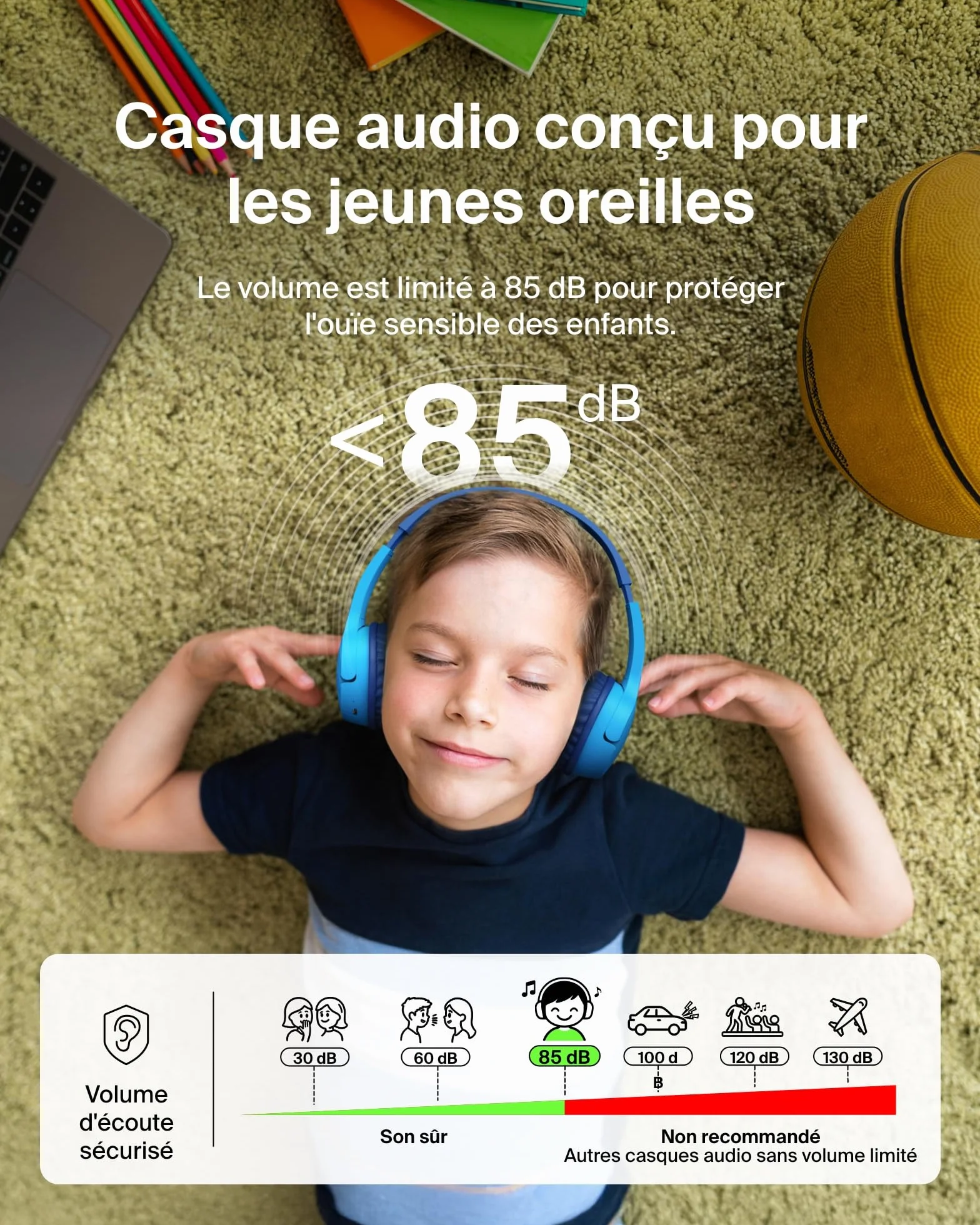 Belkin SoundForm Mini Casque Audio sans Fil pour Enfants avec Micro intégré (Circum-aural, autonomie de 30 h, pour Apprentissage, Voyages, Autocollants Amusants, pour iPhone, iPad, Galaxy) - Bleu