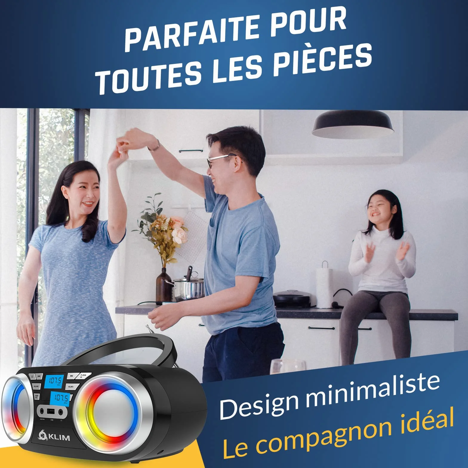 KLIM Boombox B3 - Poste Radio CD Portable - Nouveauté - Radio FM, CD, Bluetooth, USB, MP3 - CD Boombox - Mode Filaire et sans Fil avec Piles Rechargeables - Lentille Laser - Lecteur CD Portable