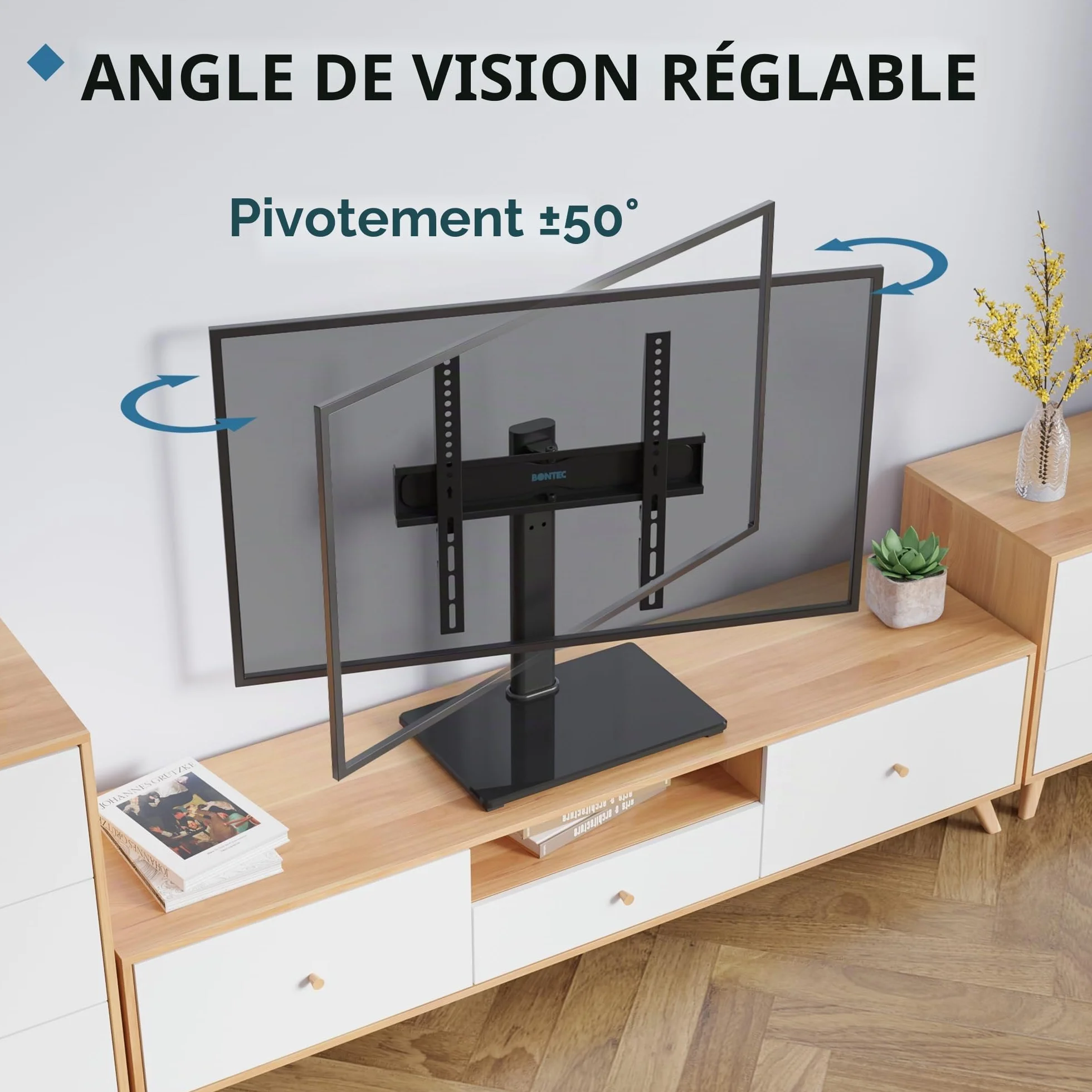 BONTEC Support TV sur Pied TV Universel Pivotant pour Télévisions de 24 à 60 Pouces LCD/LED/Plasma Hauteur Réglable avec Base en Verre Trempé de 8 mm - Charge Maximal 45kg Max VESA 400x400 mm