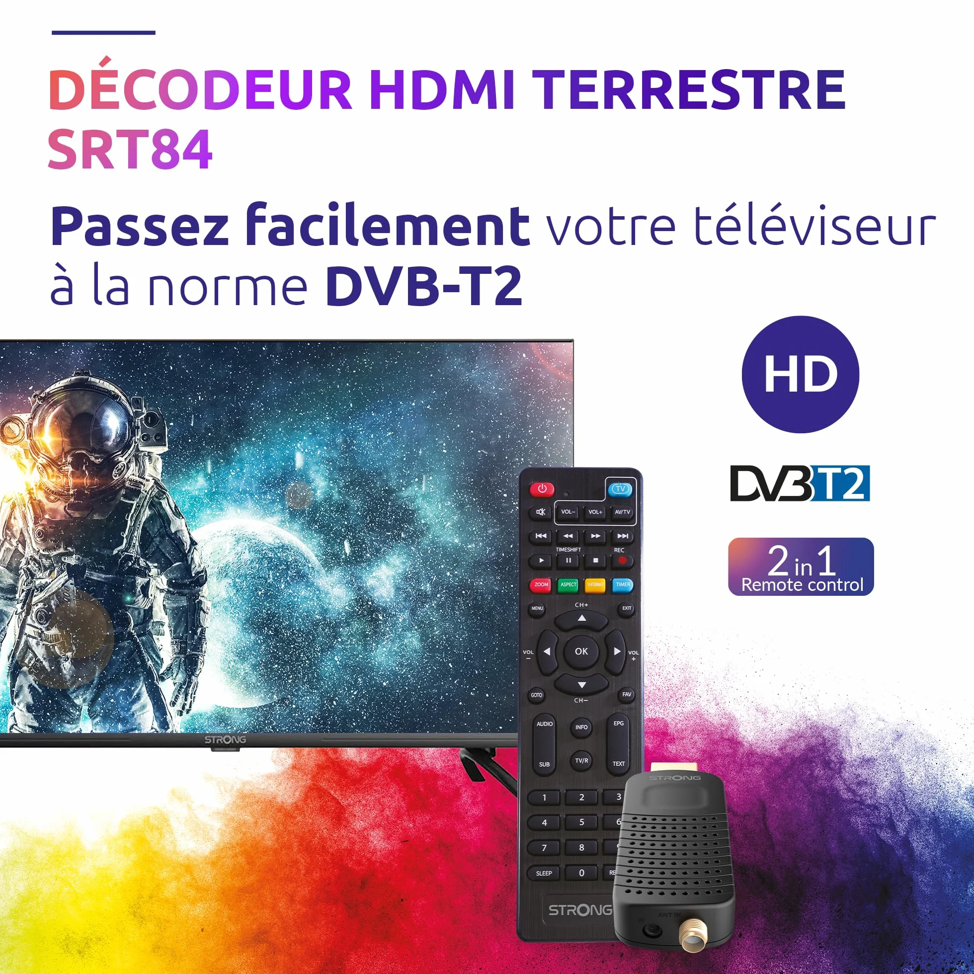 STRONG SRT84 Récepteur HDMI Décodeur DVB-T2 HEVC265 Dolby Audio Noir