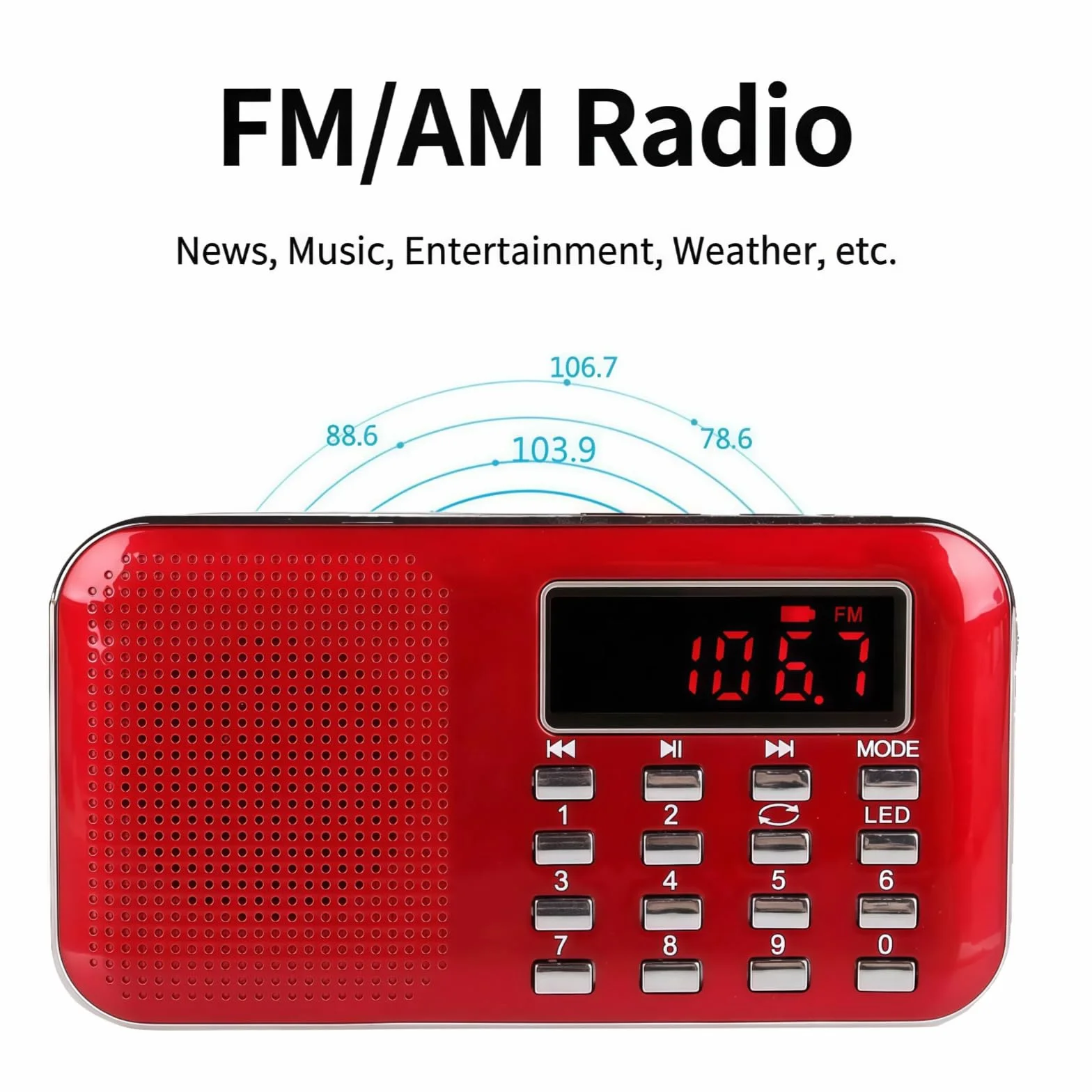 Raddy RF23 Radio Portable FM/AM Rechargeable avec Lampe de Poche, Grand Écran LCD, Lecteur MP3 Micro SD/USB, Batterie 800mAh, Rouge