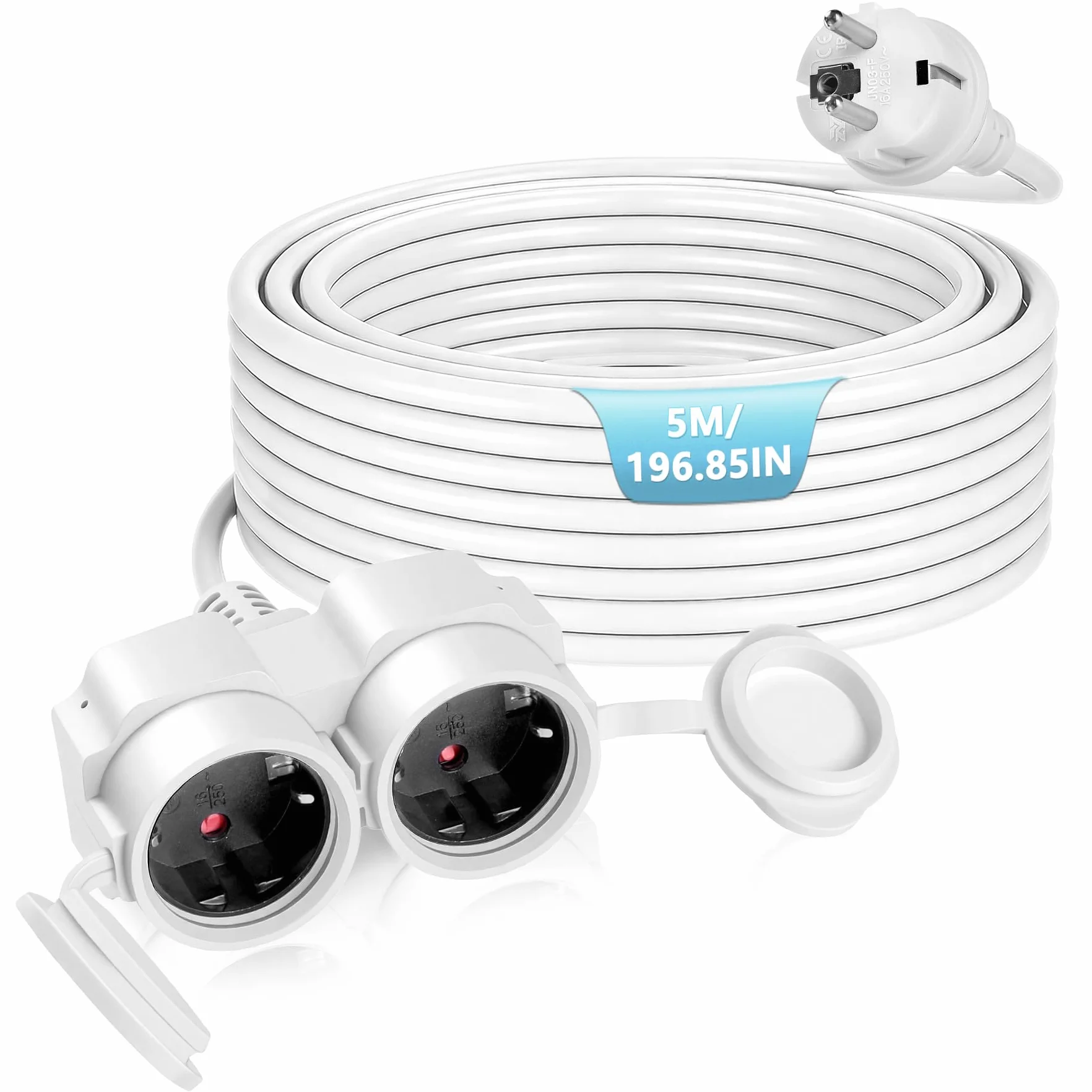 Rallonge électrique IP44 3500W 16A 250V 5m Blanc avec Prises et Couvercles Anti-poussière
