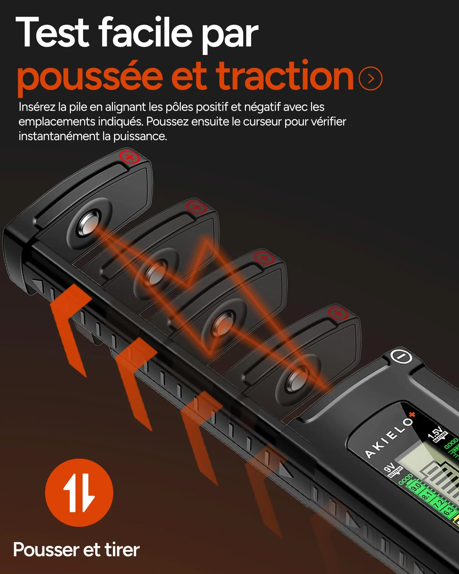AKIELO+ Testeur Universel de Piles Numérique – Écran LCD Facile à Lire – Aucune Pile Nécessaire – Compatible AA AAA C D 9V 1,5V et Piles Bouton