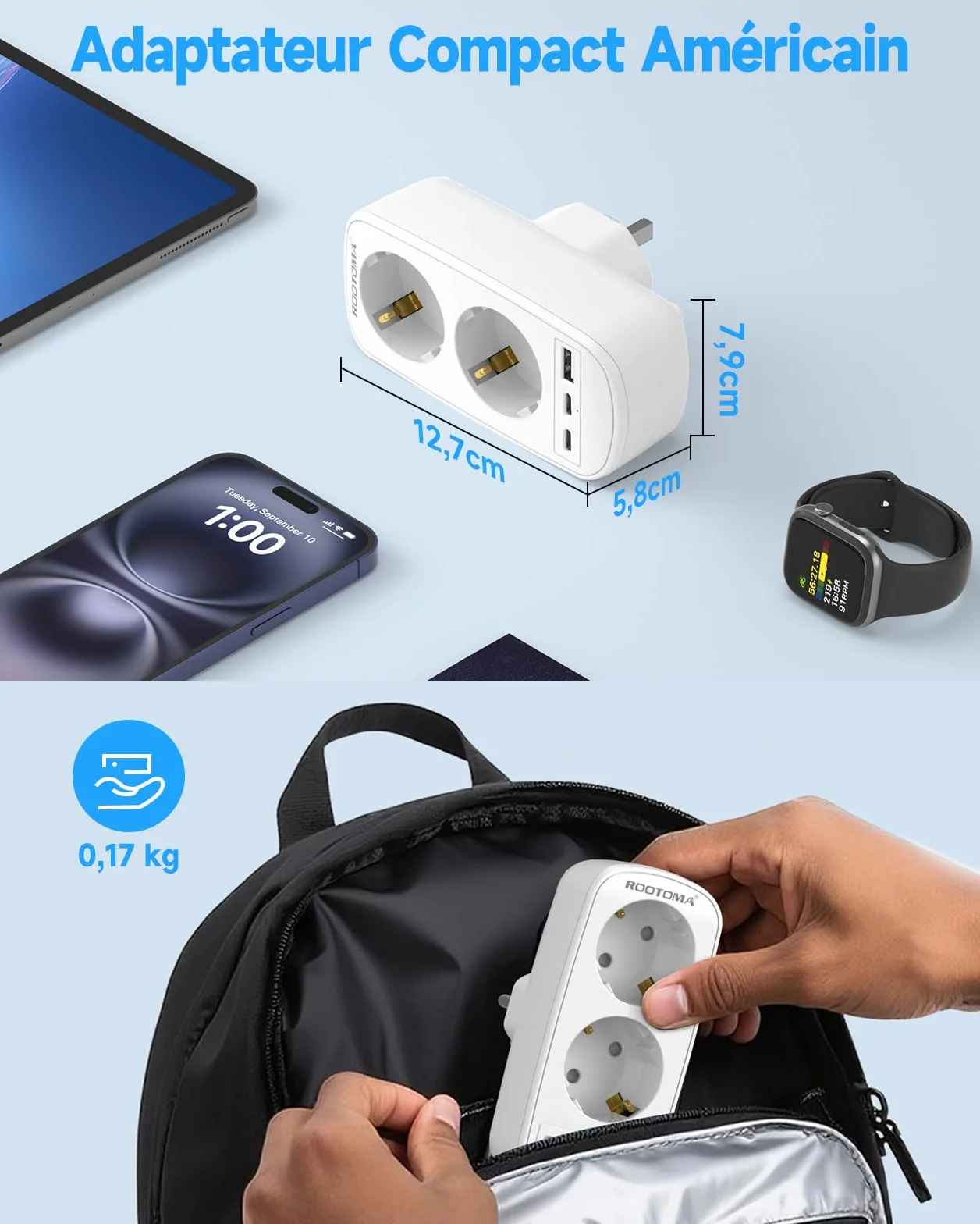 Prise Adaptateur Type G Double Prise avec 3 USB pour Angleterre, Irlande, Dubai, Maldives