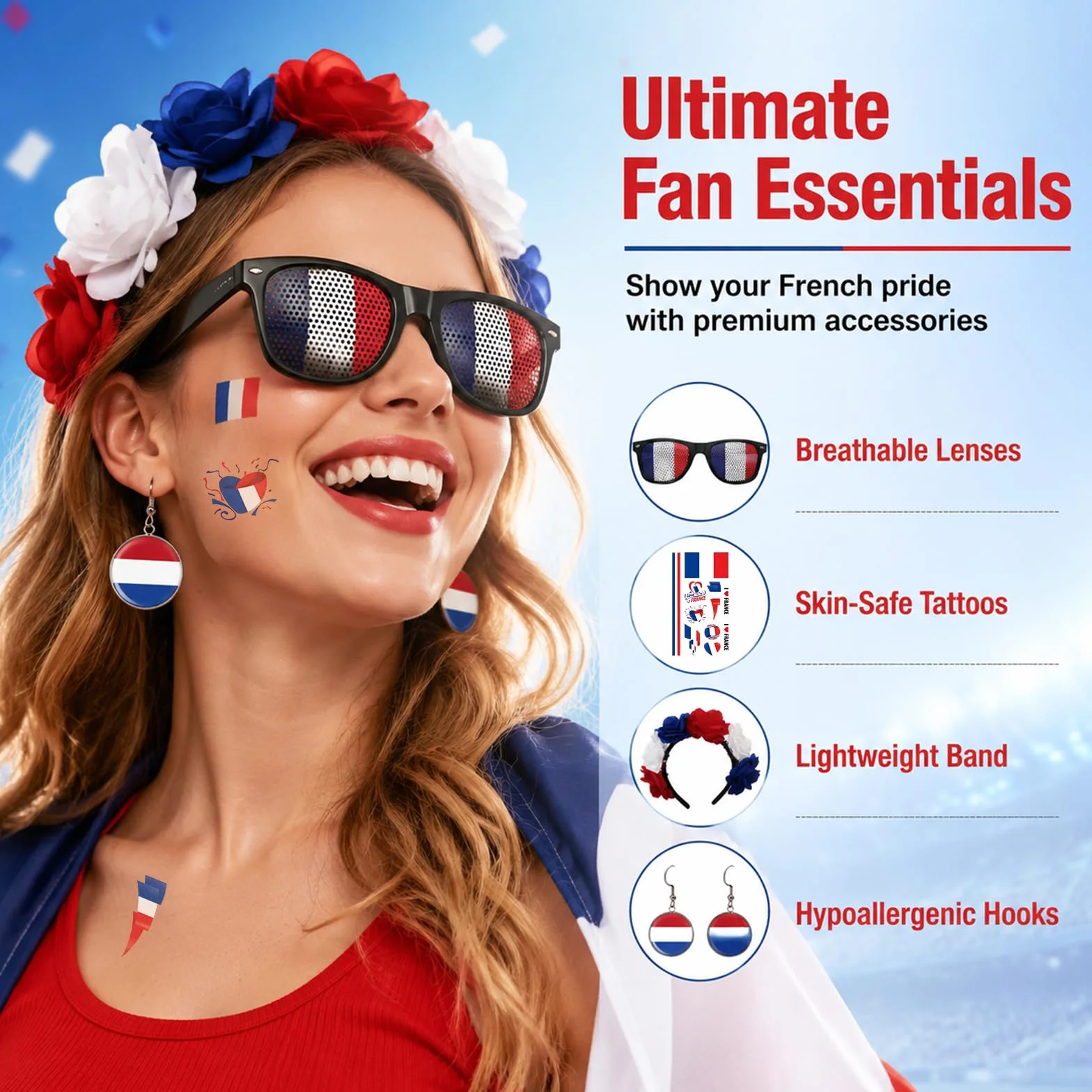 Set d'articles pour supporters français femmes Bleu-Blanc-Rouge - Serre-tête, boucles d'oreilles, lunettes de soleil & tatouages