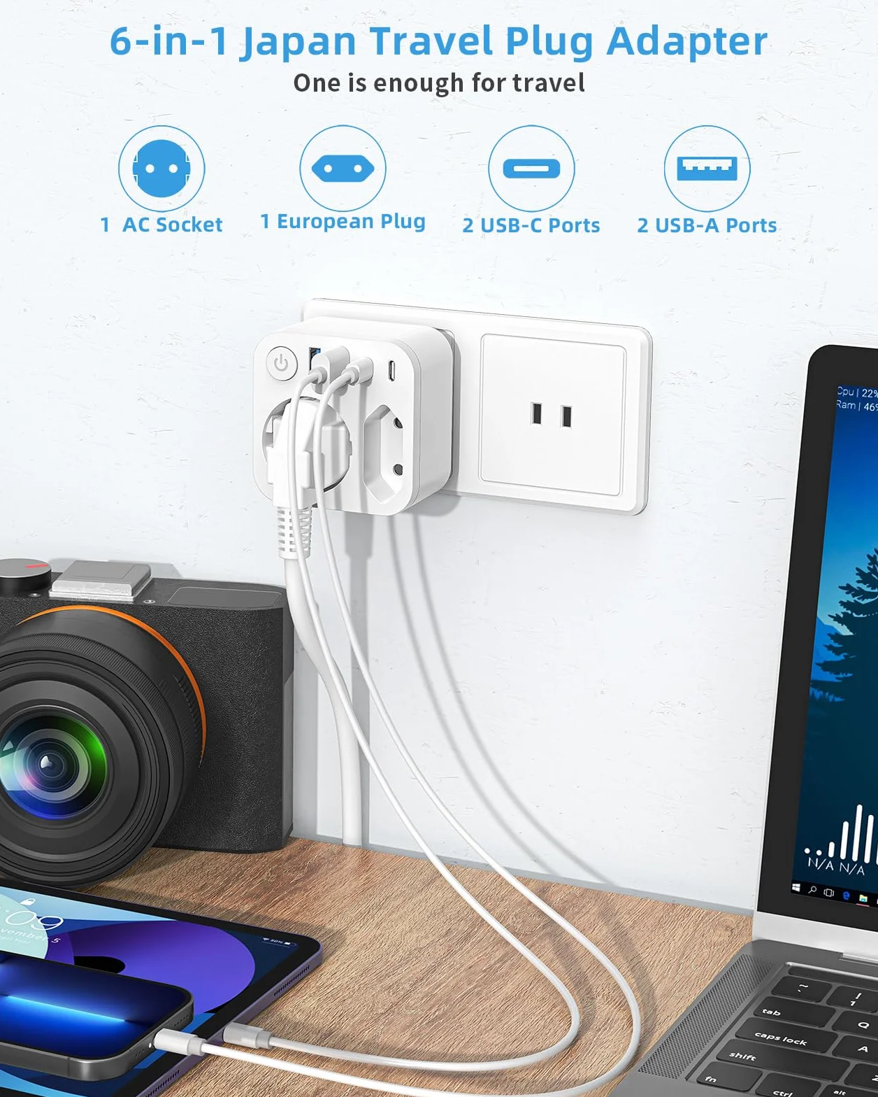 Connecteur de Voyage France Japon 4 Prises USB 2 USB-C Adaptateur Schuko Type A États-Unis Canada Blanc