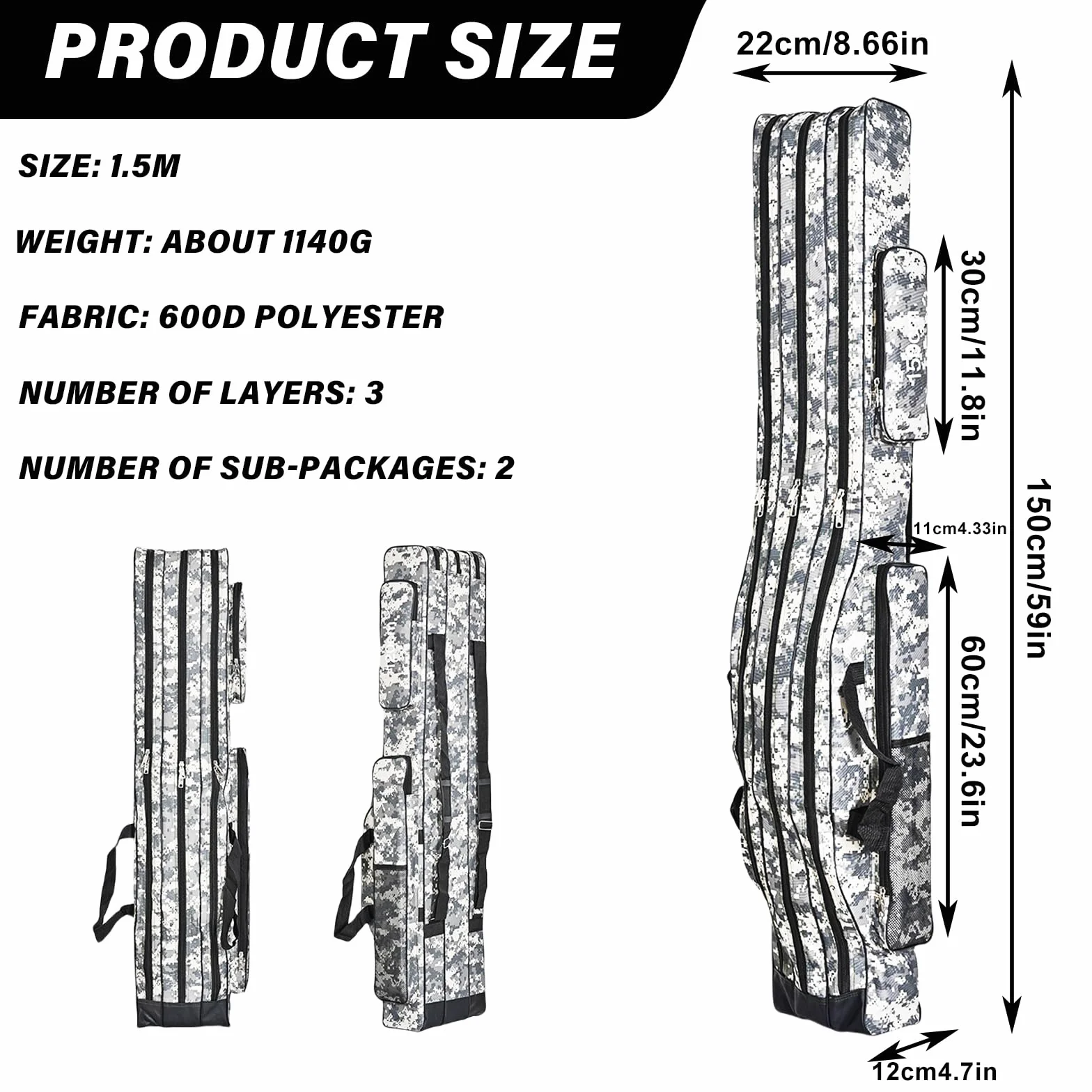 Sac de pêche 3 couches 150cm, Housse canne à pêche pliable camouflage, Accessoires pêche portable