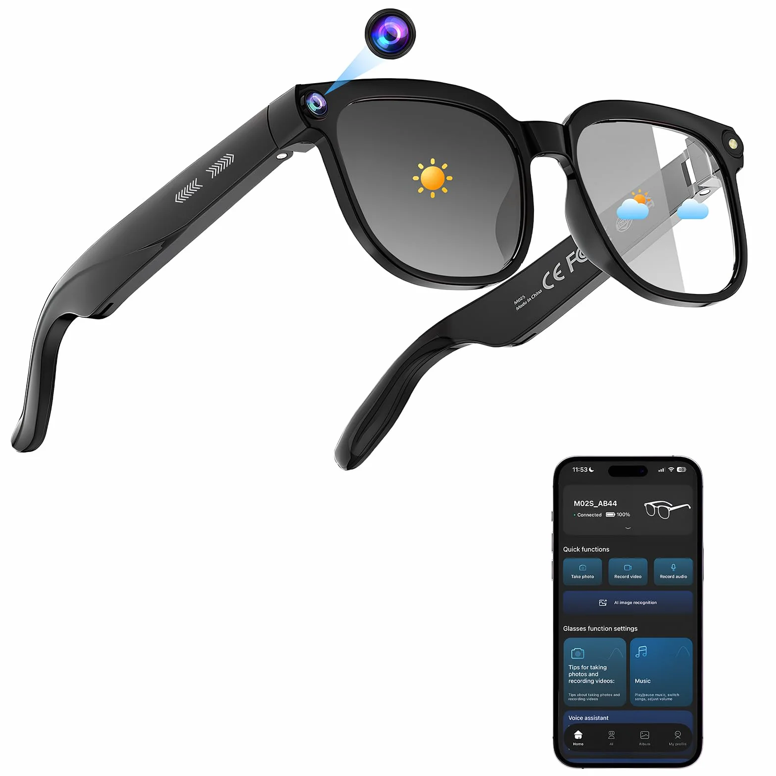 Lunettes Connectées avec 8MP Lunette Camera, 1080p Lunette Traductrice Lunettes IA Lunette Intelligente avec Verres Photochromiques, Musique Bluetooth, Stant Vocal et Vidéo