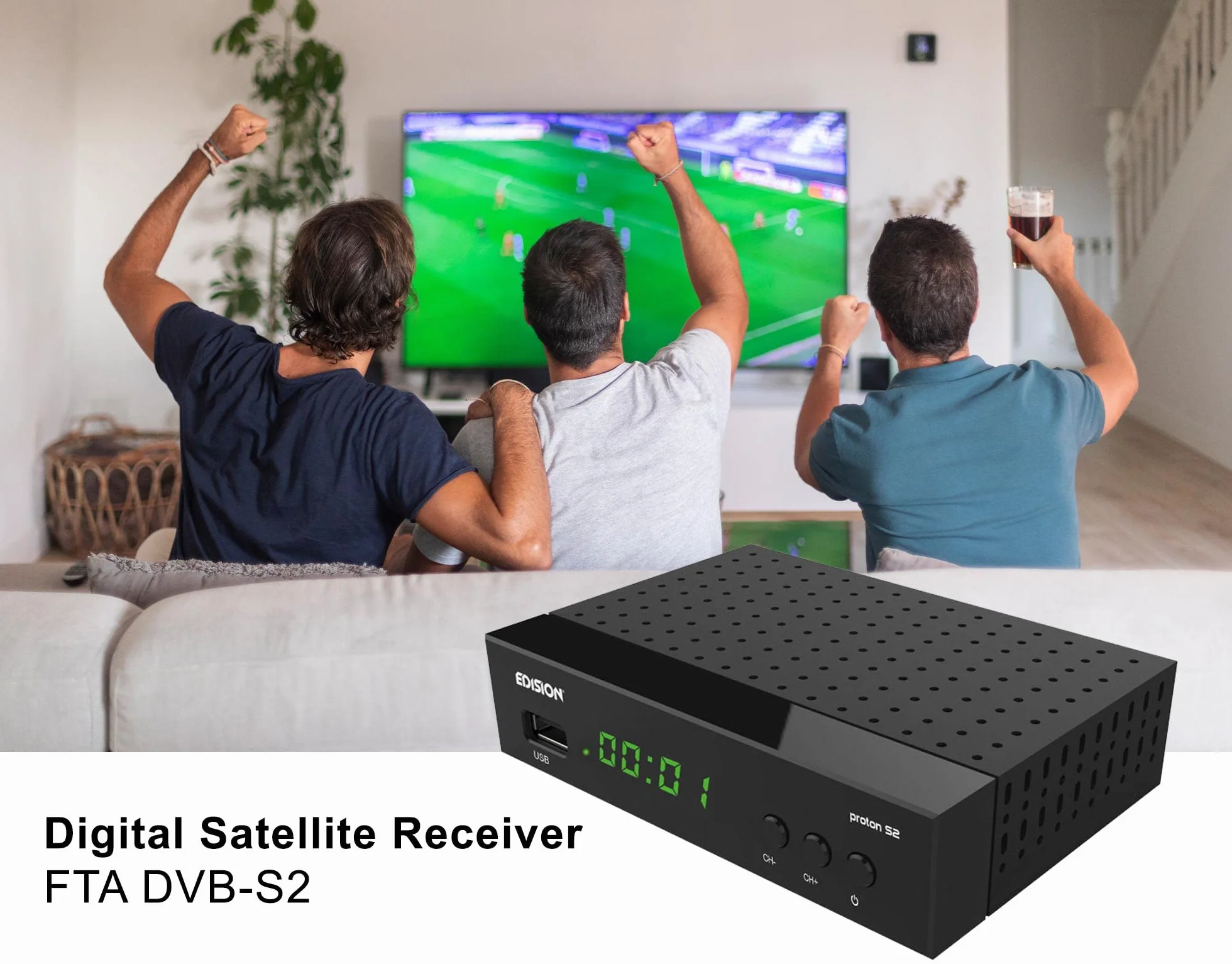 EDISION PROTON S2, DVB-S2 Full High Definition Free-Τo-Air récepteur satellite, WiFi support, Télécommande IR 2en1
