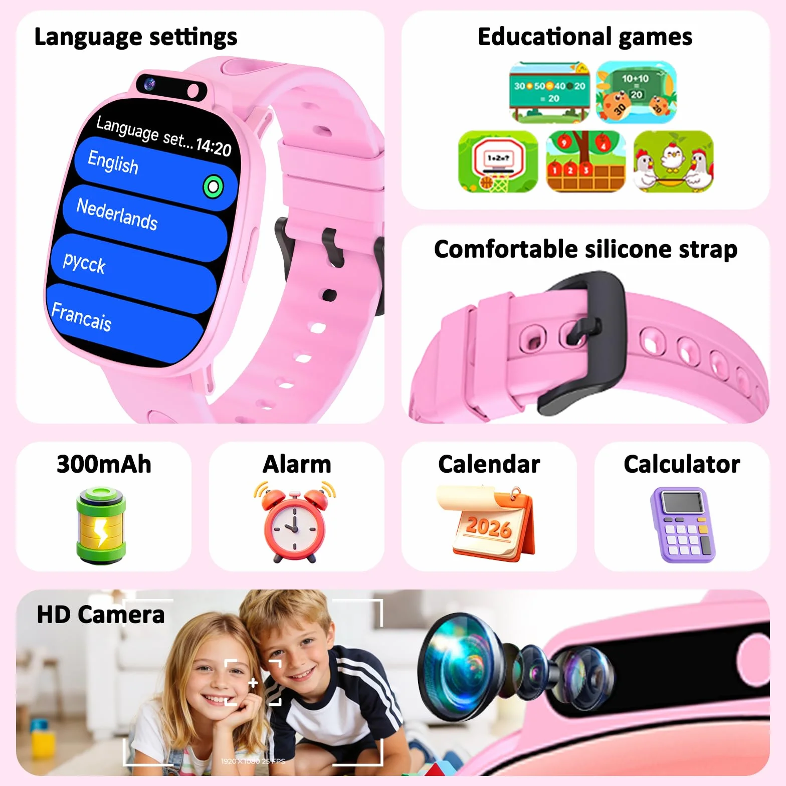 Montre Connectée Enfants avec 1,9 Pouces, 18 Jeux, Suivi du Sommeil, Podomètre, Appareil Photo, Lampe Torche, Smartwatch Enfant pour Garçons, Filles et Adolescents sans App ni Carte SIM