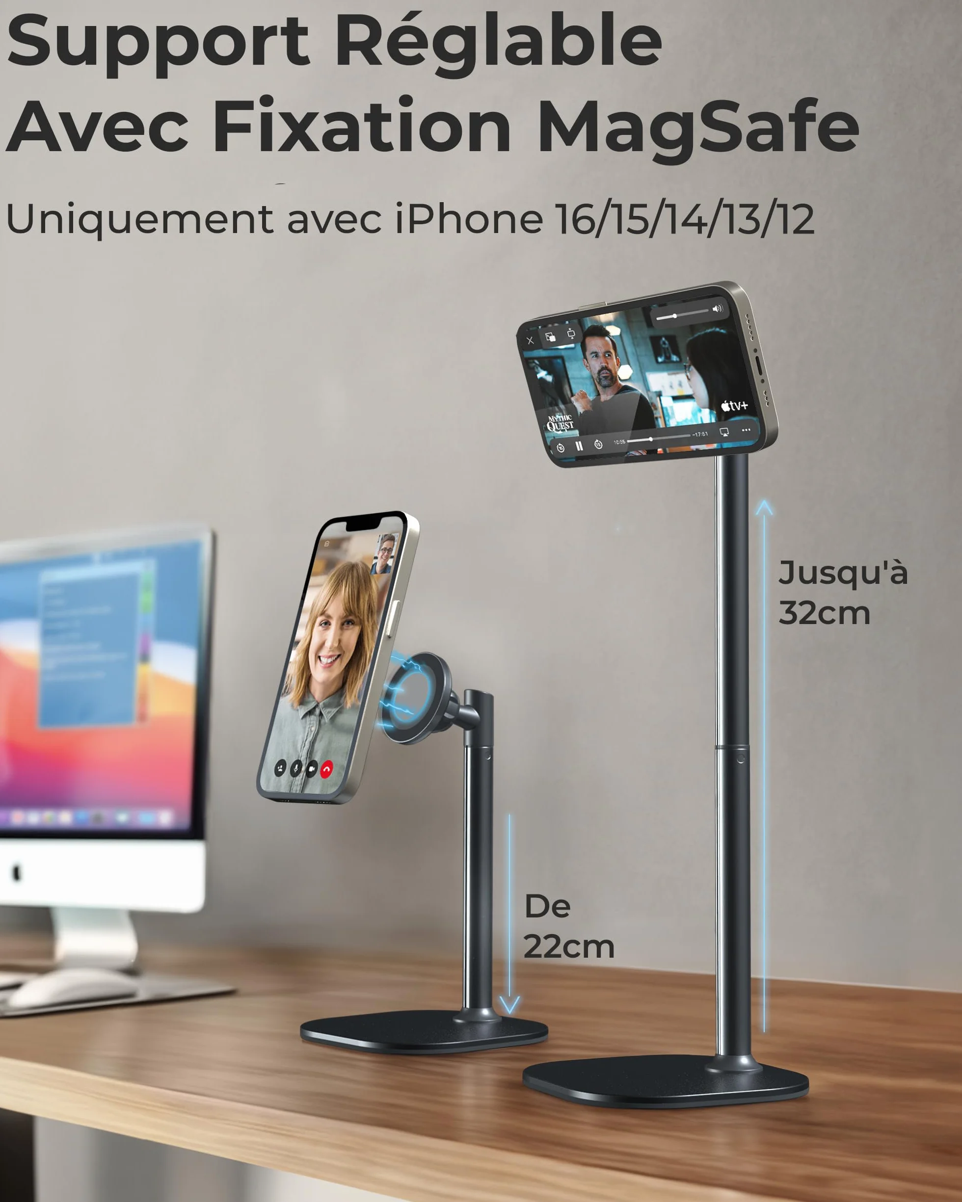 COOPER MagStand Magnétique Réglable Support iPhone pour Bureau Enregistrement Vidéo Compatible MagSafe iPhone 17 Pro Max 16/15/14/13/12 Petit Trépied