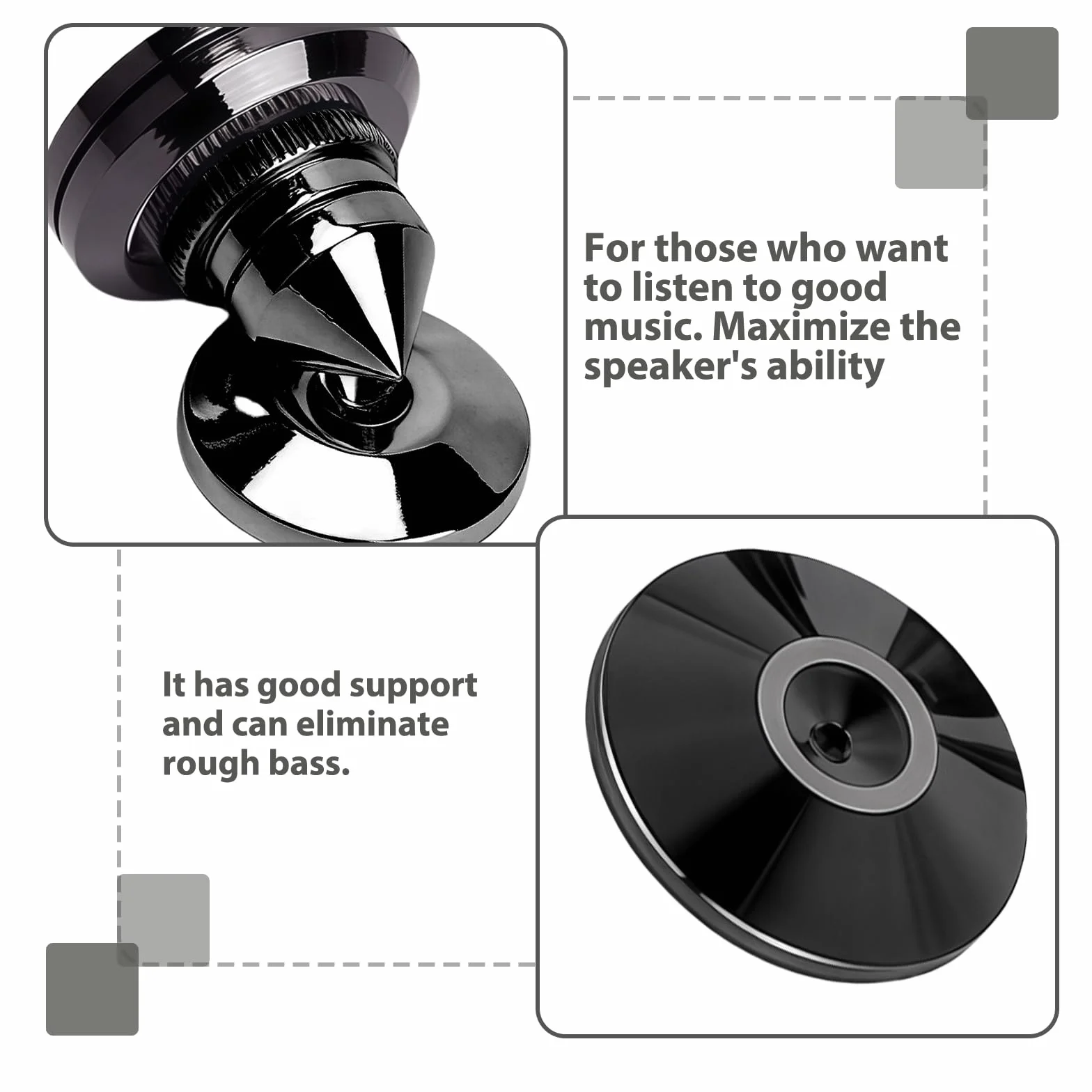 4 pièces pointes pour caisson de basses : pointes de haut-parleur avec 8 tapis antidérapants et 4 coussinets de base, support de haut-parleur anti-vibrations, hauteur non réglable, pics d'enceinte