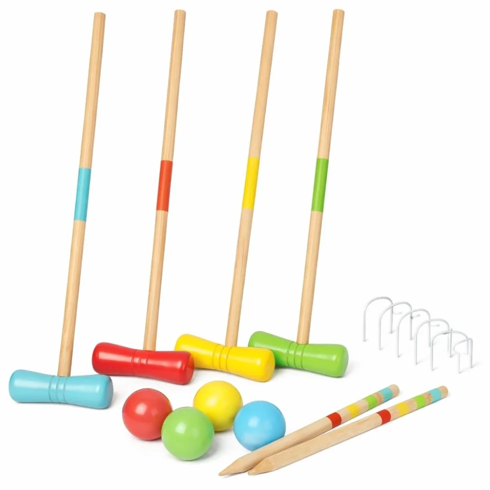 Jeu de Croquet en Bois pour 4 Joueurs, avec Maillets, Boules, Arceaux Métalliques et Filet de Rangement, Jeu de Jardin