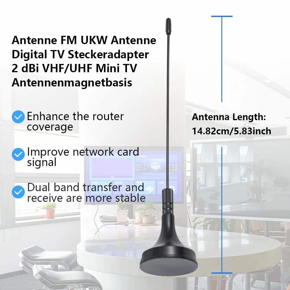 Vecys Antenne DVB-T HDTV pour Smart TV Numérique Intérieure 2dBi avec Base Magnétique Connecteur TV Mâle VHF UHF Mini Antenne TV 1.5m Câble Coaxial RG174 pour DVD LCD Appareils DVB-T
