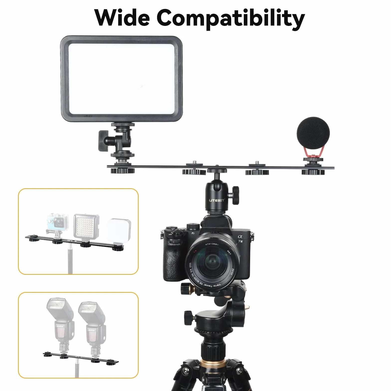 UTEBIT 13 in Support De Flash Double, Rail De Flash En Aluminium Avec Vis 1/4" Et 3/8", Support De Flash Pour Appareil Photo Avec Double Griffe Pour Appareil Photo DSLR, Lumière LED