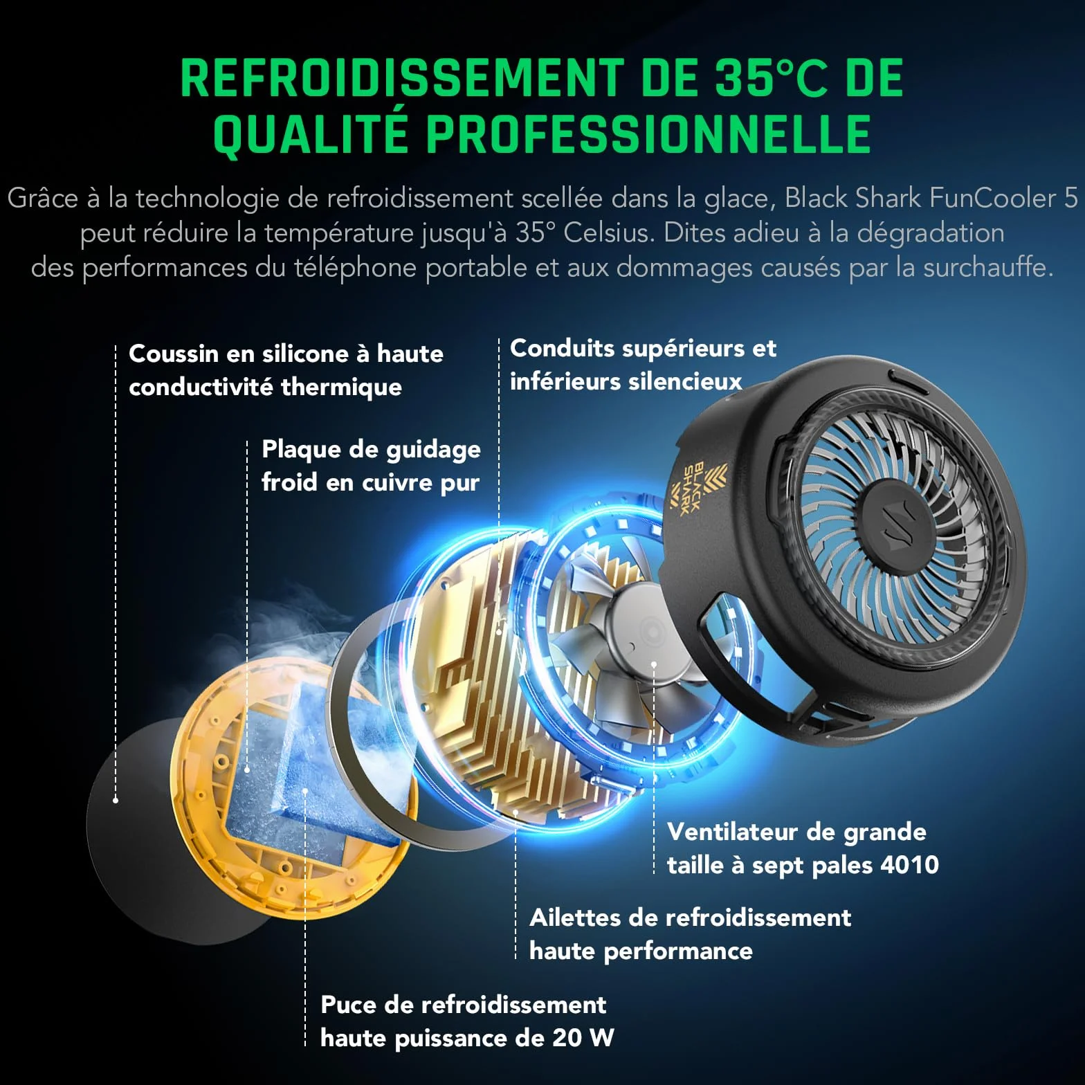 Black Shark FunCooler 5 Refroidisseur Telephone Magnétique, ventilateur telephone portable avec éclairage RGB, Phone Cooler compatible avec la série magnétique iPhone/Android/tablette/iPad (Noir)