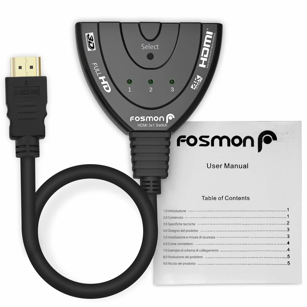 Fosmon Commutateur HDMI Automatiques 4k, 3 Entrées 1 Sortie HDMI Switch - UHD HDR 3D 1080p HDCP, Splitter Switcher Répartiteur Sélecteur Auto pour HDTV Lecteurs DVD Blu ray PS4 Xbox Apple Fire Roku