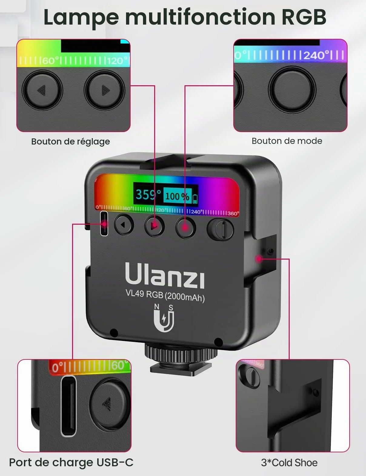 Lumiere Photo, ULANZI VL49 LED Photo RGB avec Batterie Intégrée Charge, RGB Full Color Mode, éclairage Lampe Vidéo Portable 2500K-9500K Couleur Température Réglable pour la Photographie (VL49)