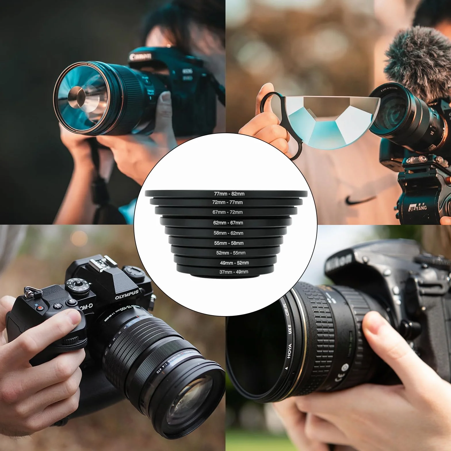 Kit de Bague d'Adaptation pour Filtre de Caméra, Adaptateur d'Objectif en Métal, Diamètre de 37 mm à 82 mm
