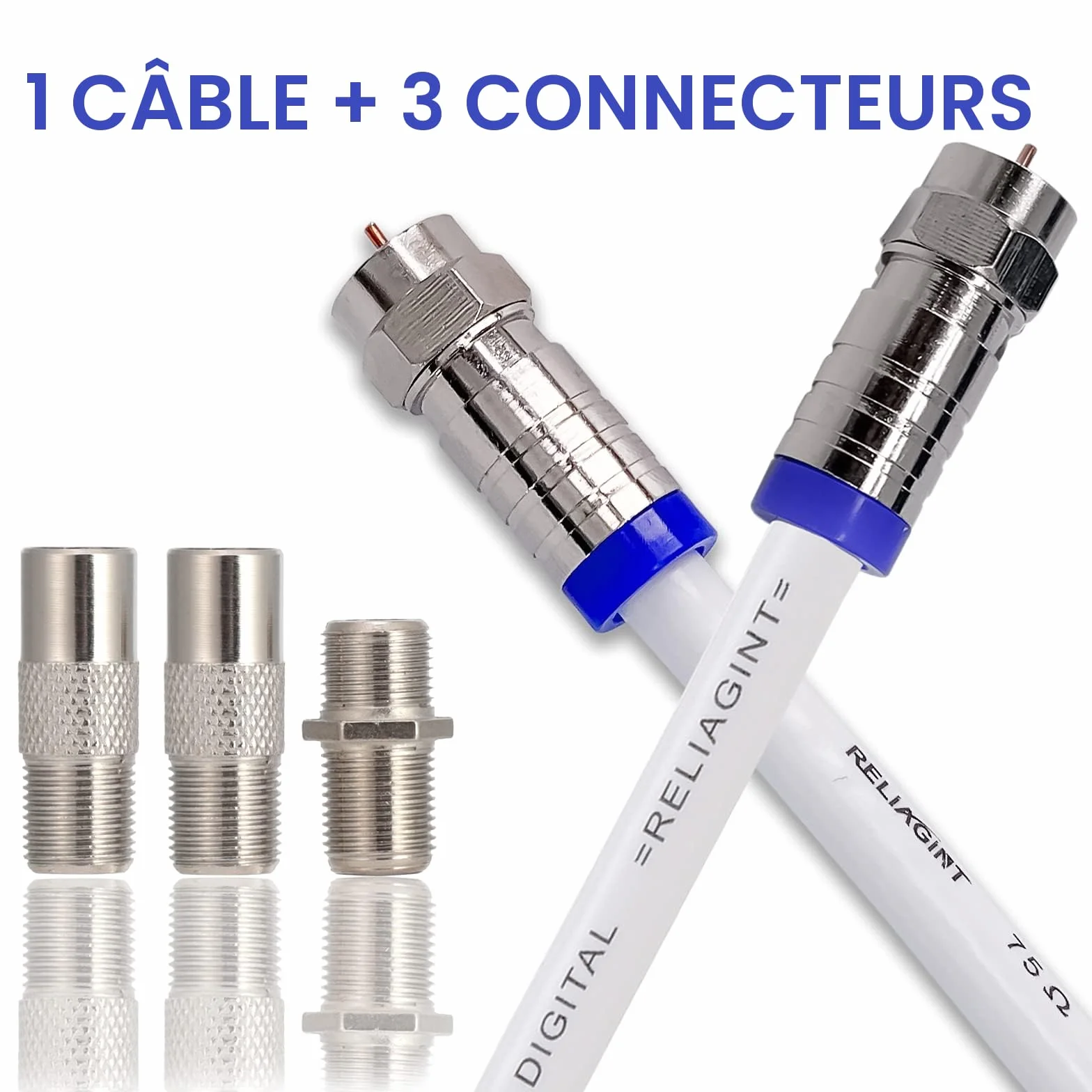 Câble coaxial TV RG6 1m 75 Ohm antenne satellite connecteurs F F81 cuivre étanche 3 GHz blanc