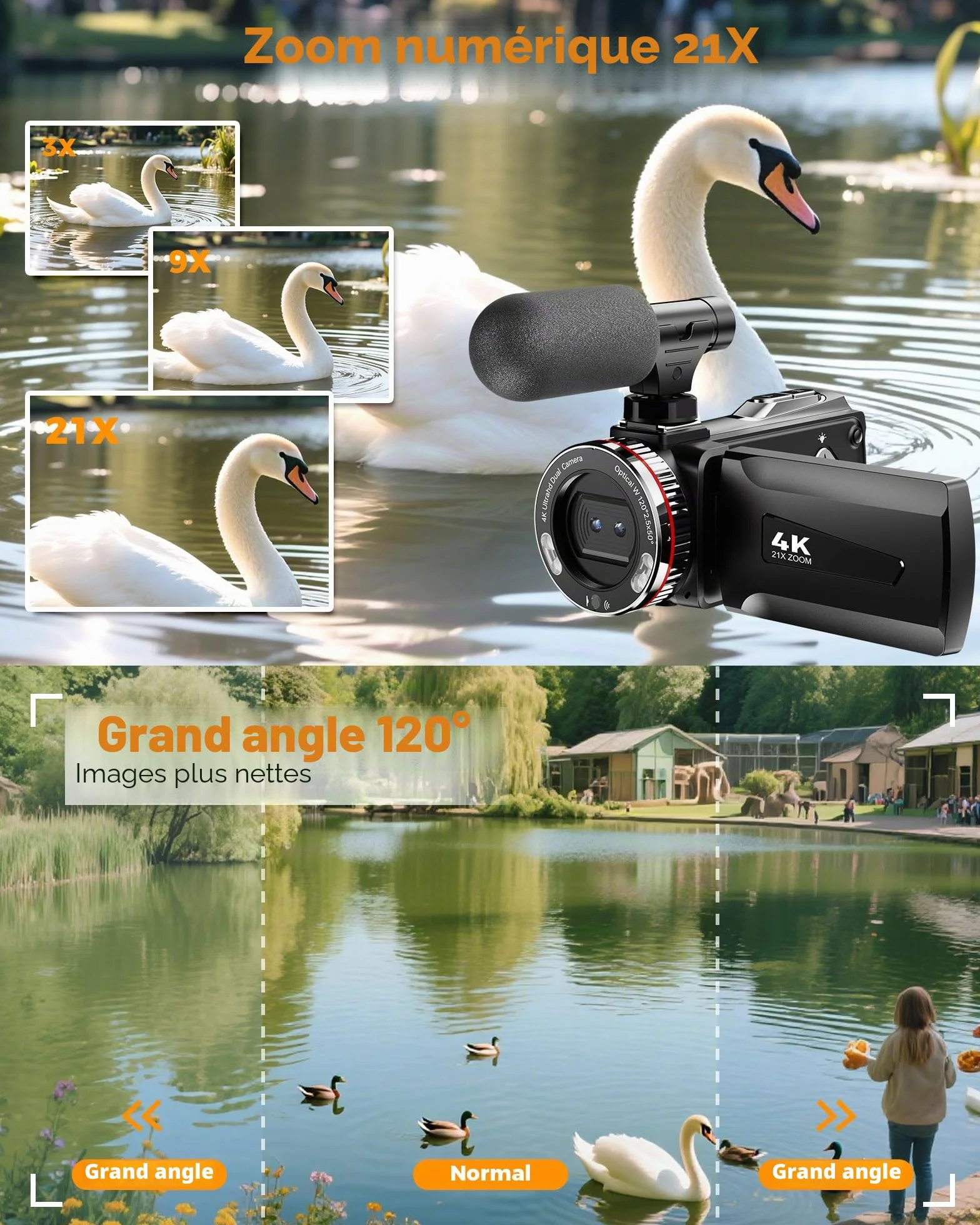 Caméscope 4K 48X Zoom Numérique 21X Vlogging Caméra avec Carte 32 Go, Microphone, Télécommande