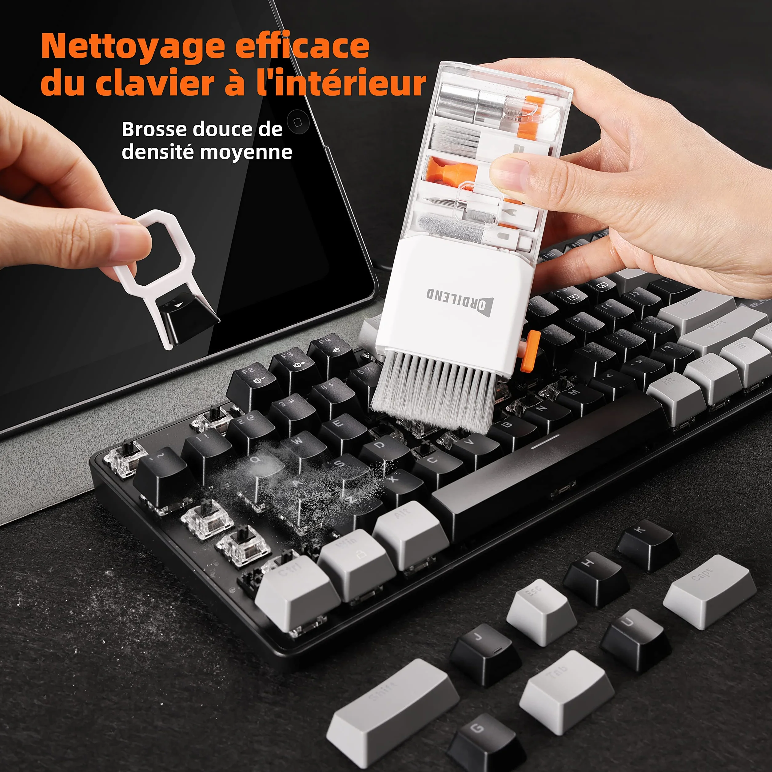 Ordilend Kit de Nettoyage pour iPhone Airpods Claviers Ordinateurs et Tablettes,Nettoyeur d'écran Multifonctionnel pour Ecouteurs,Téléphones,Appareils Photo,Tout-en-Un avec Brevet-Blanc
